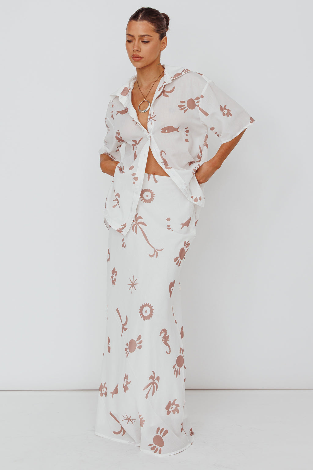 Light Aura Maxi Skirt Print White Tan by Selfie Leslie Australia