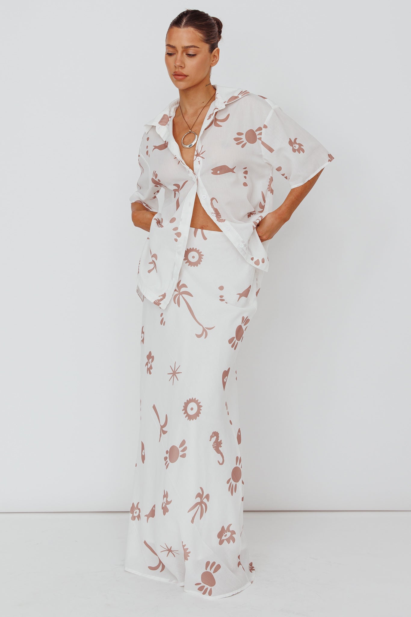 Light Aura Maxi Skirt Print White Tan by Selfie Leslie Australia