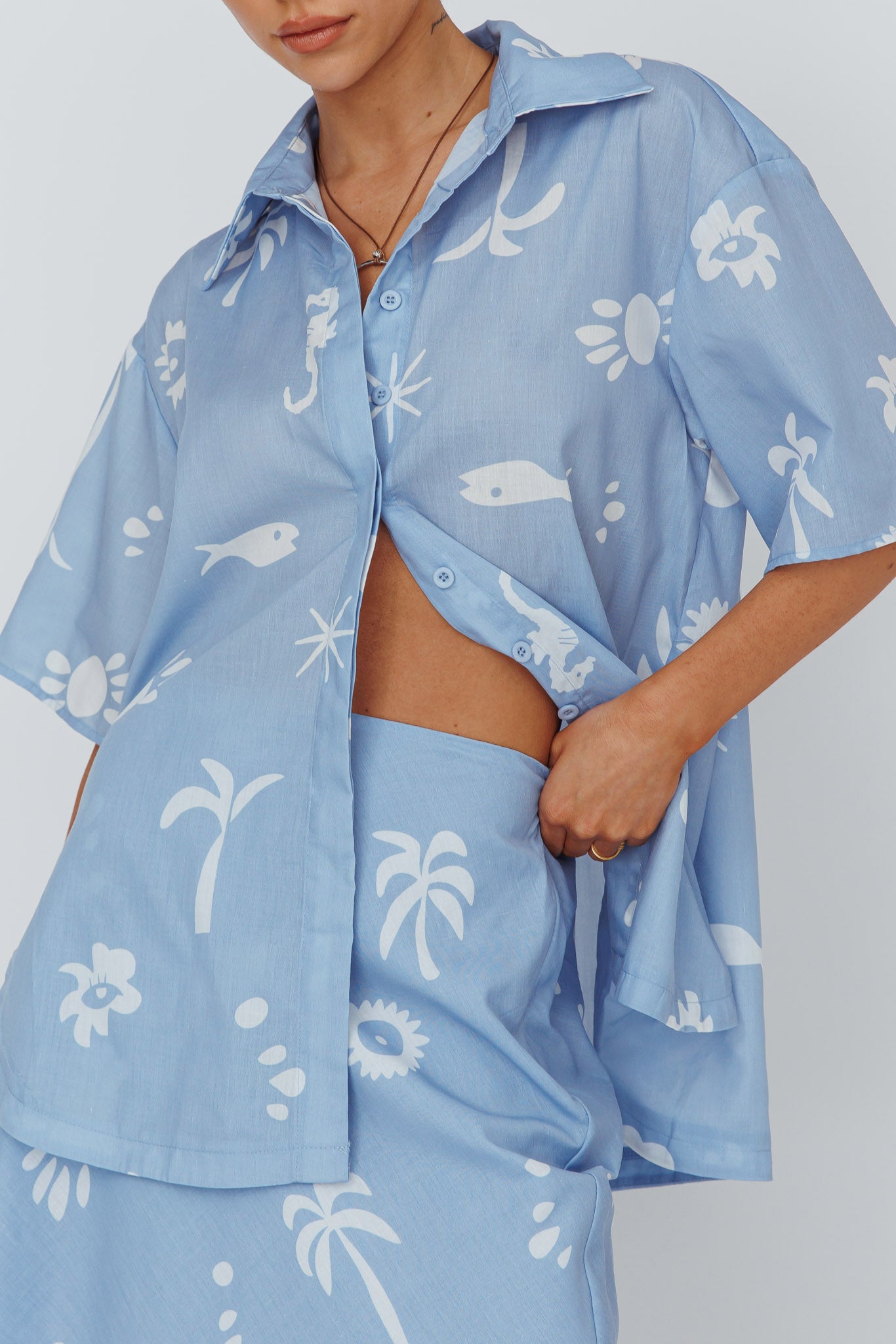 Light Aura Button Up Shirt Print Blue White by Selfie Leslie Australia