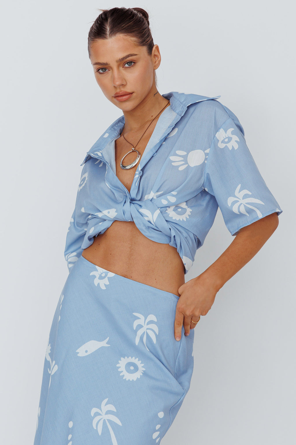 Light Aura Button Up Shirt Print Blue White by Selfie Leslie Australia