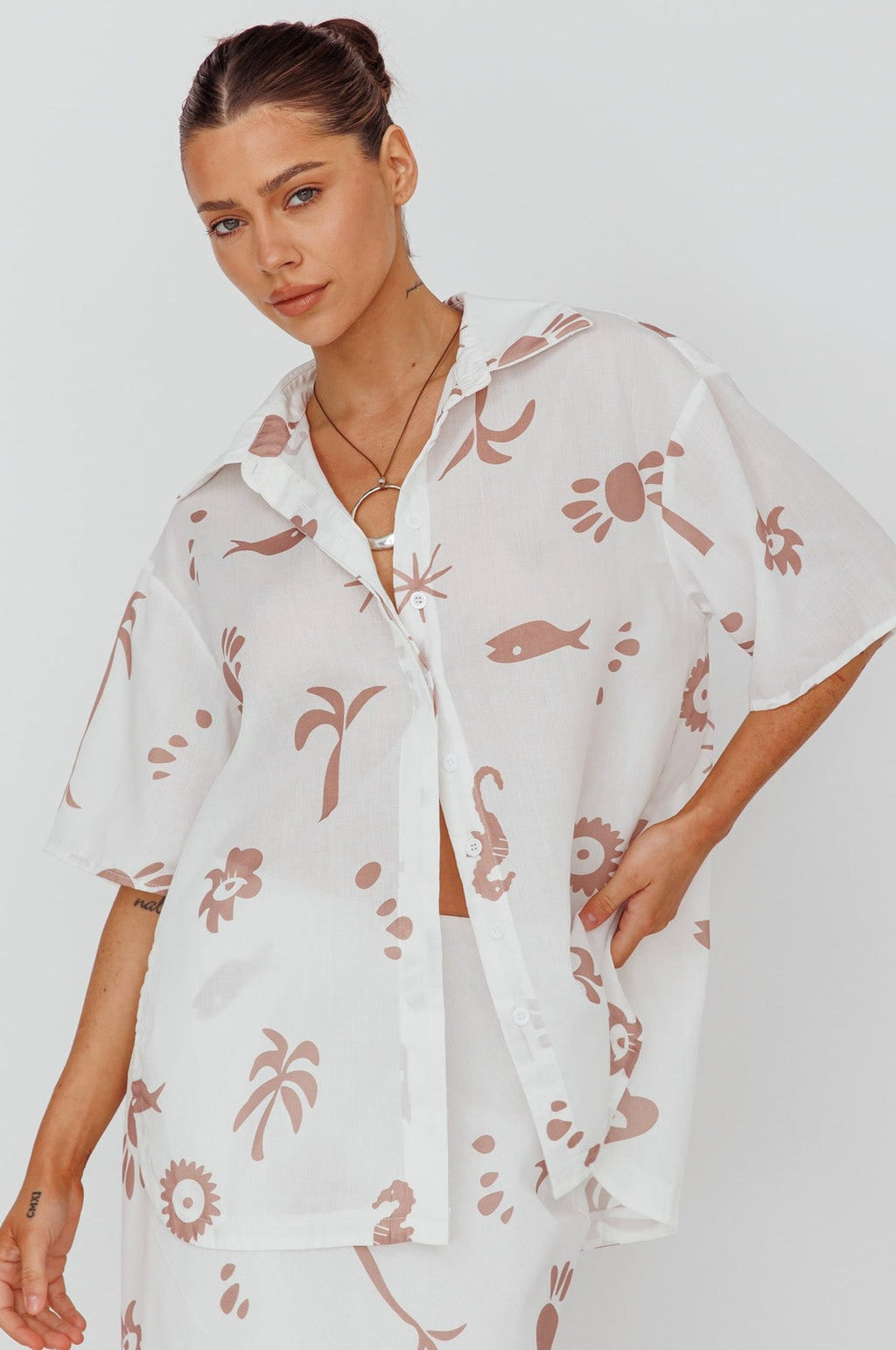 Light Aura Button Up Shirt Print White Tan by Selfie Leslie Australia