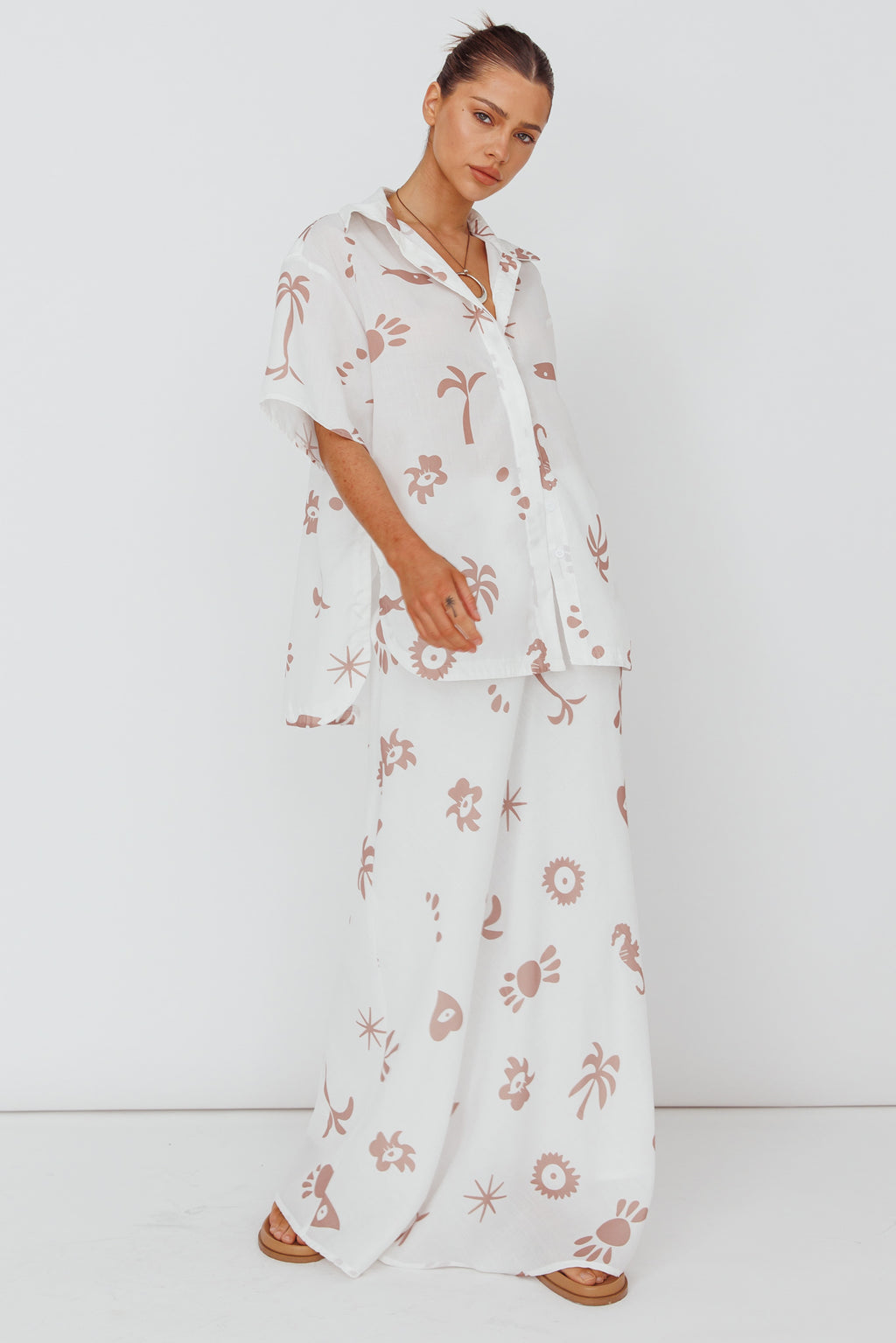Light Aura Button Up Shirt Print White Tan by Selfie Leslie Australia
