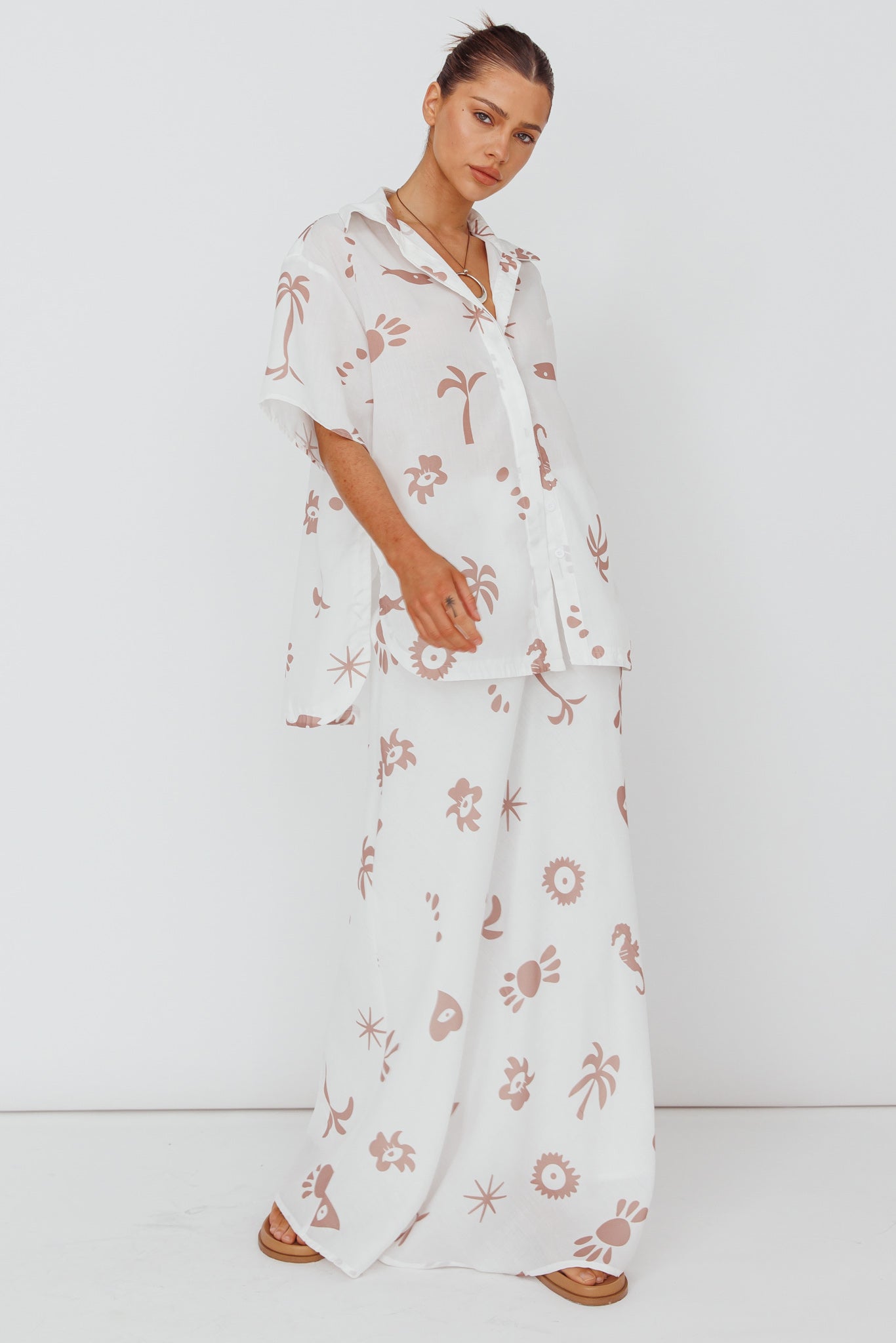 Light Aura Button Up Shirt Print White Tan by Selfie Leslie Australia