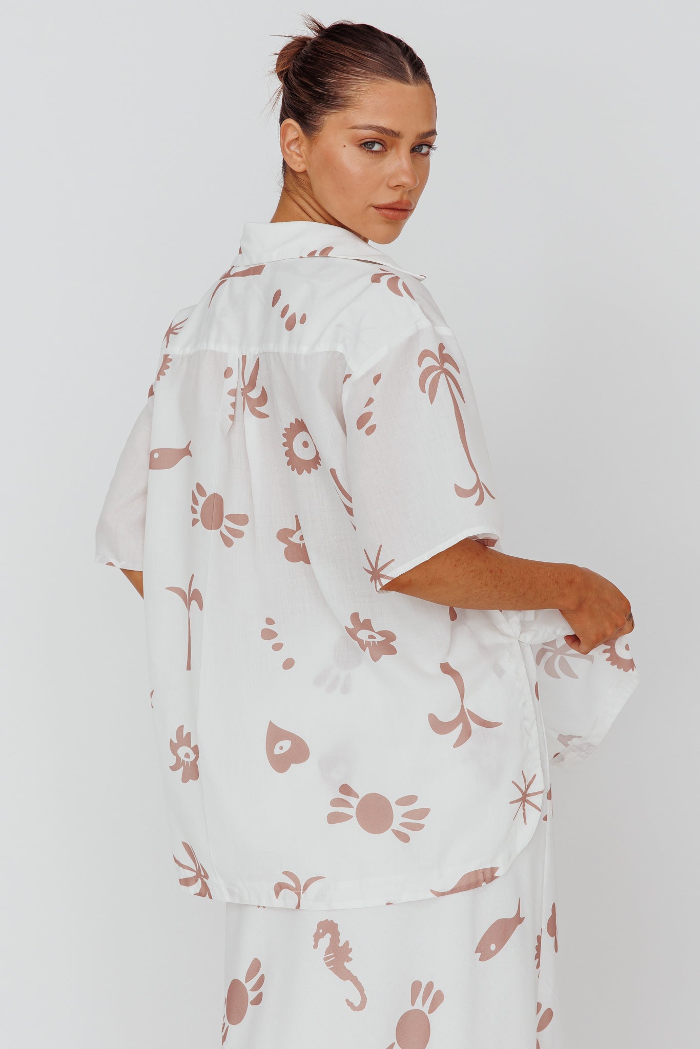 Light Aura Button Up Shirt Print White Tan by Selfie Leslie Australia