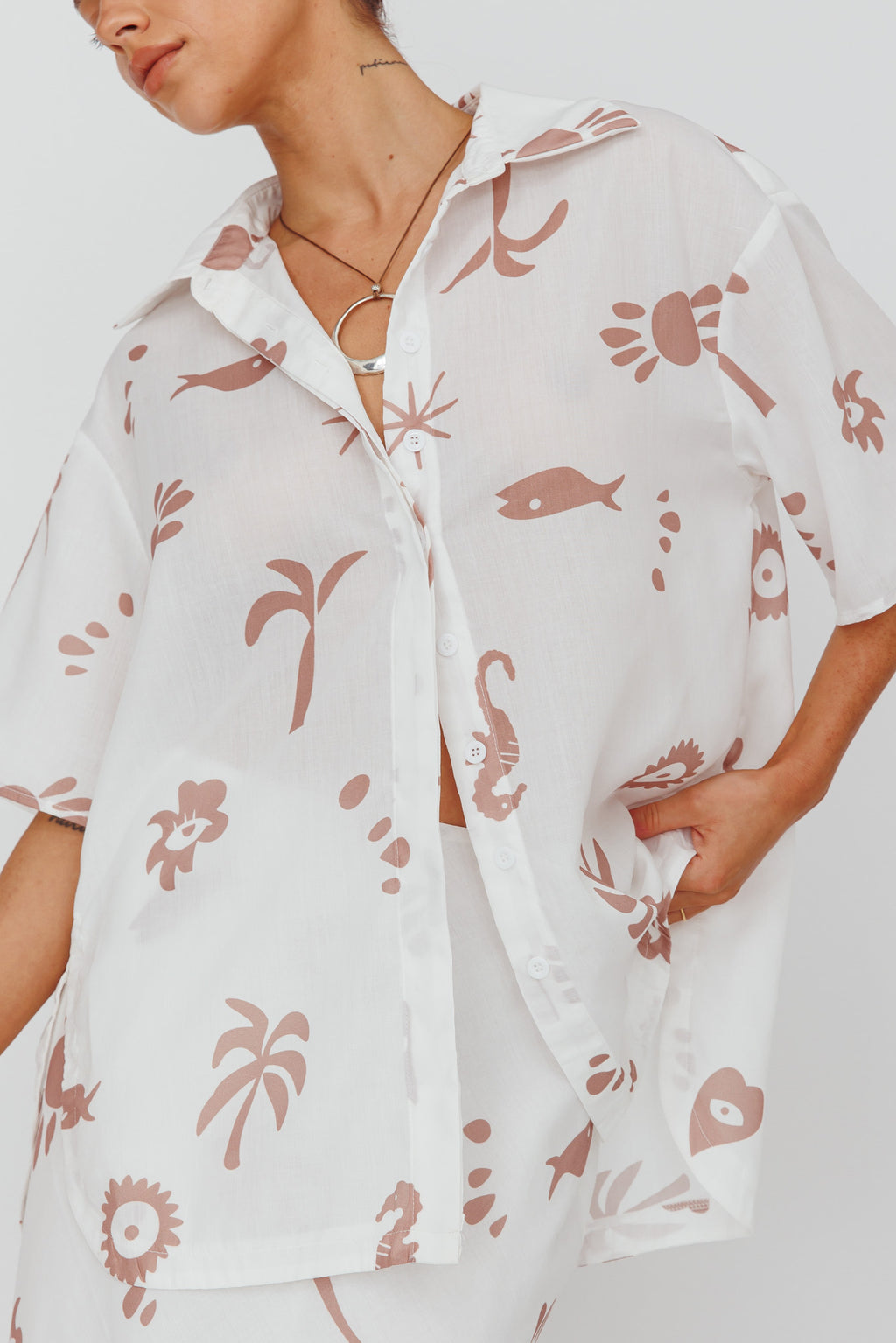 Light Aura Button Up Shirt Print White Tan by Selfie Leslie Australia
