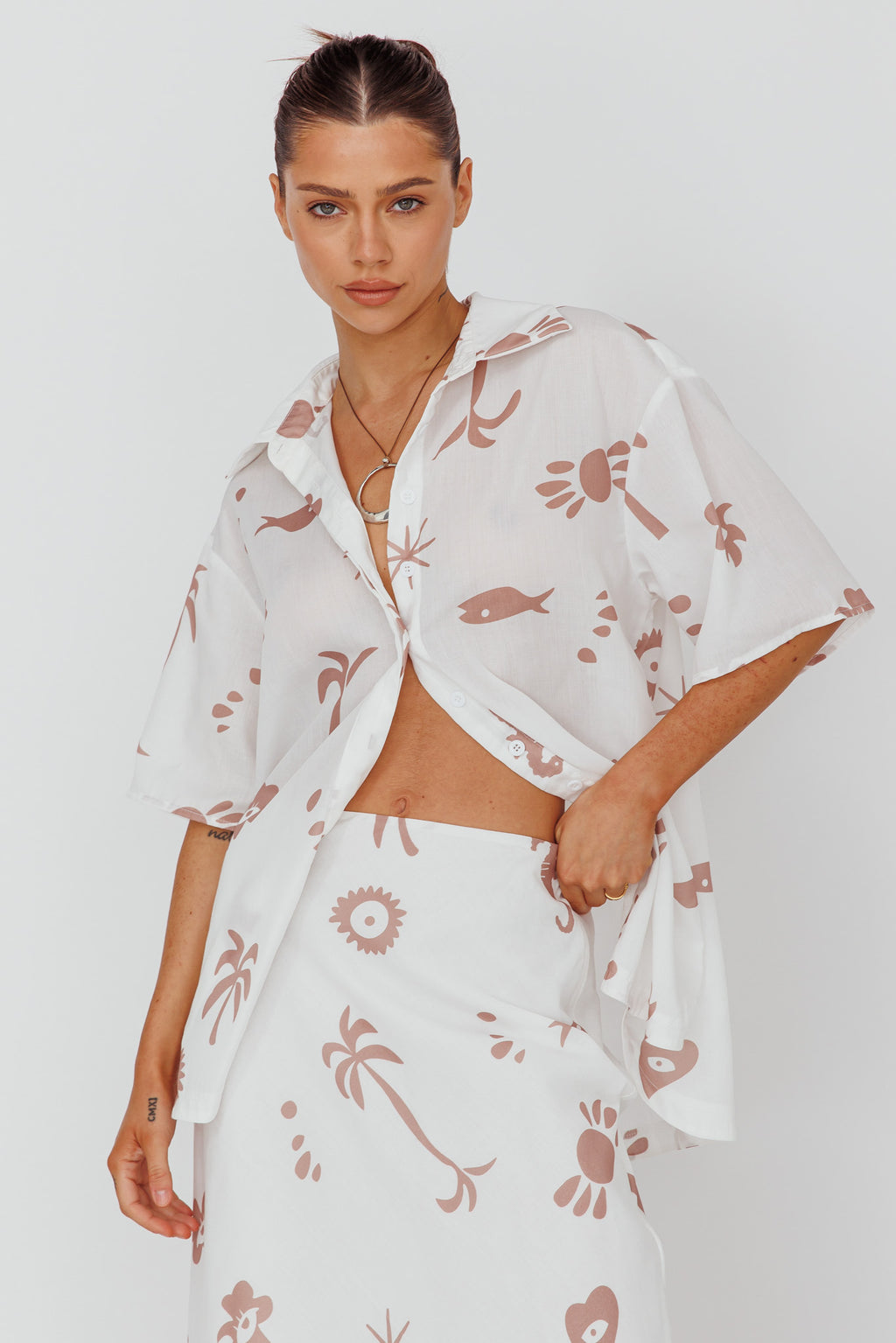 Light Aura Button Up Shirt Print White Tan by Selfie Leslie Australia