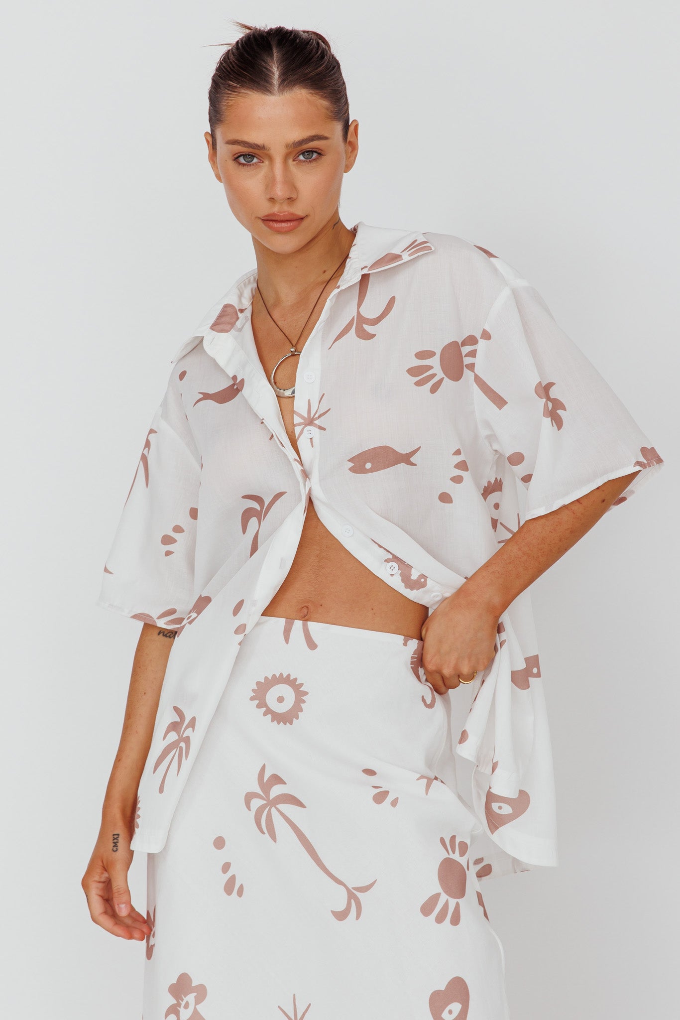 Light Aura Button Up Shirt Print White Tan by Selfie Leslie Australia