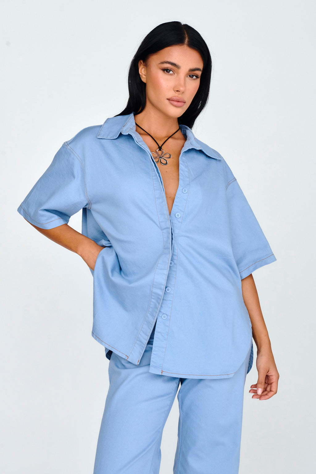 Light Aura Button Up Shirt Denim Blue by Selfie Leslie Australia