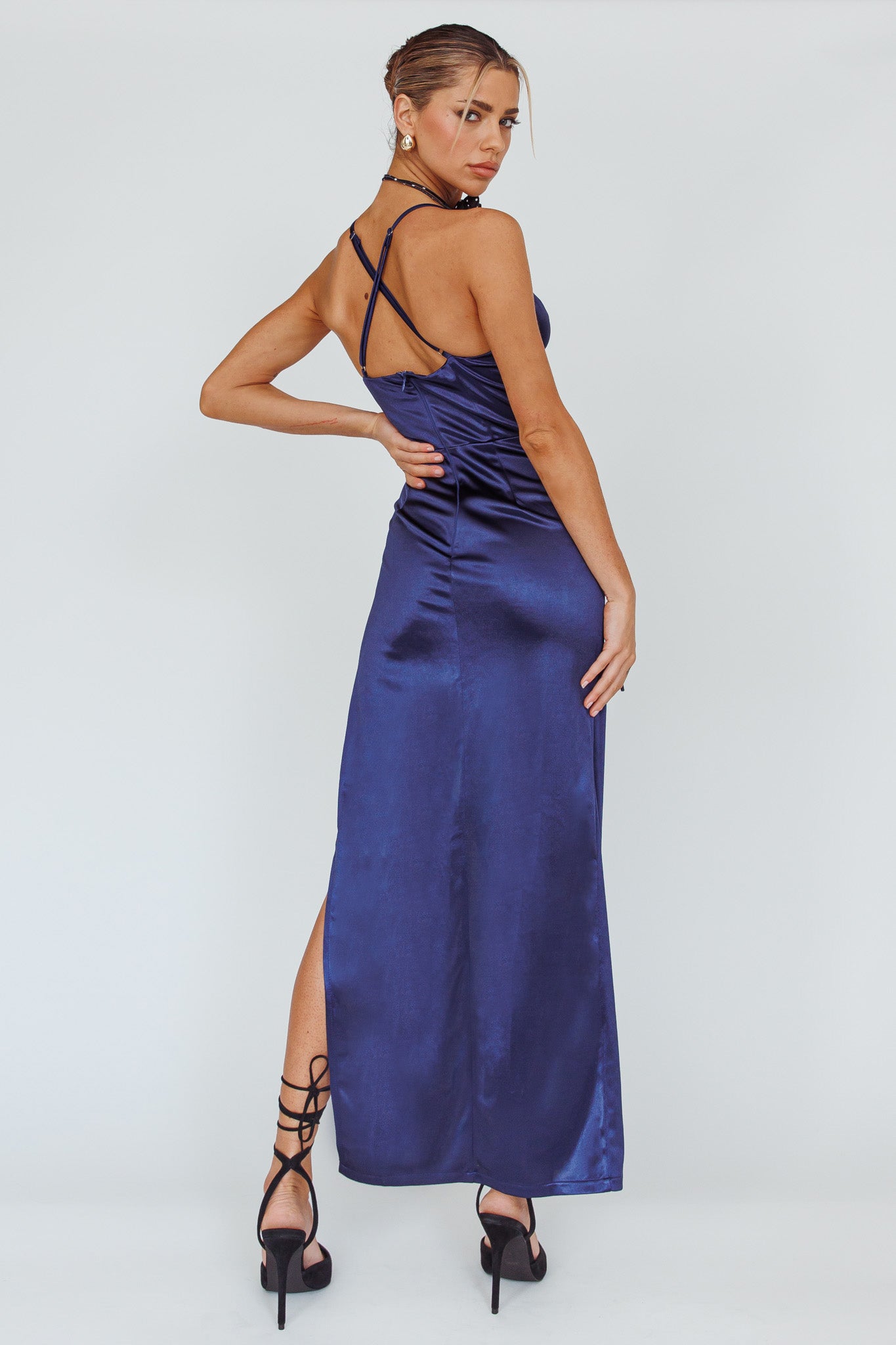 Cierra Thigh Split Maxi Dress Navy by Selfie Leslie Australia