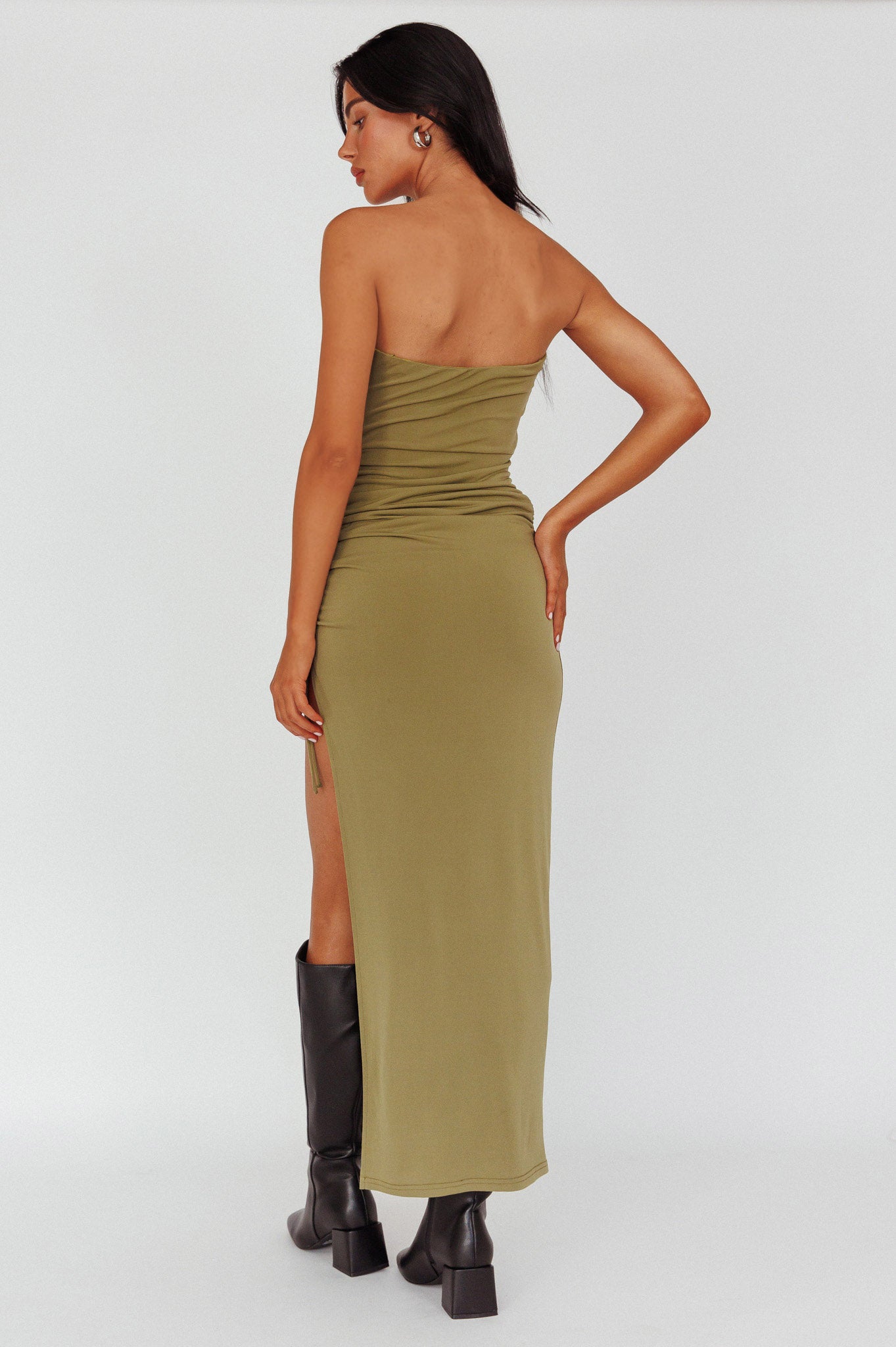 Affections Drawstring Ruched Split Maxi Dress Khaki by Selfie Leslie Australia