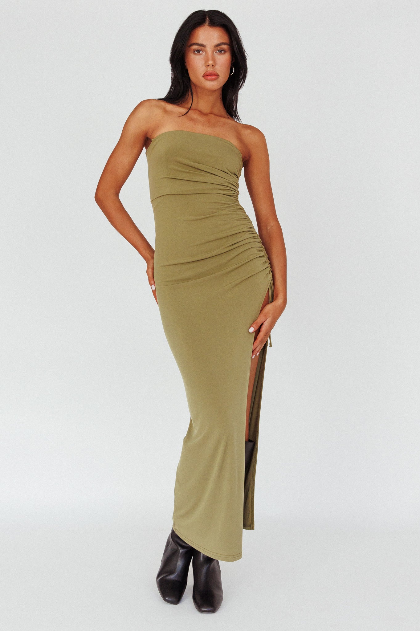 Affections Drawstring Ruched Split Maxi Dress Khaki by Selfie Leslie Australia