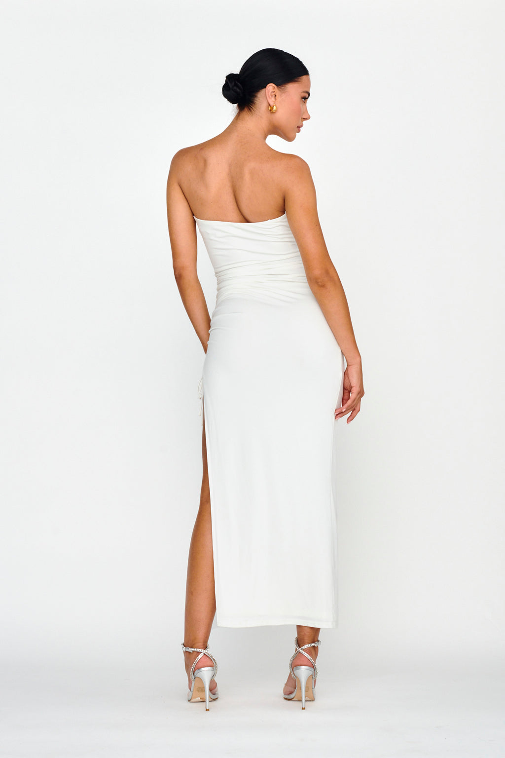 Affections Drawstring Ruched Split Maxi Dress White by Selfie Leslie Australia