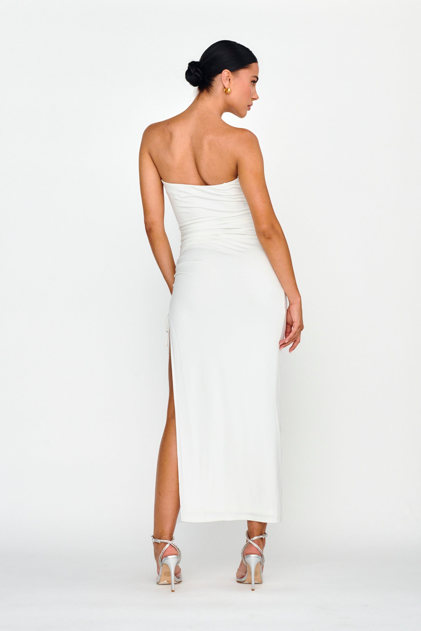 Affections Drawstring Ruched Split Maxi Dress White by Selfie Leslie Australia