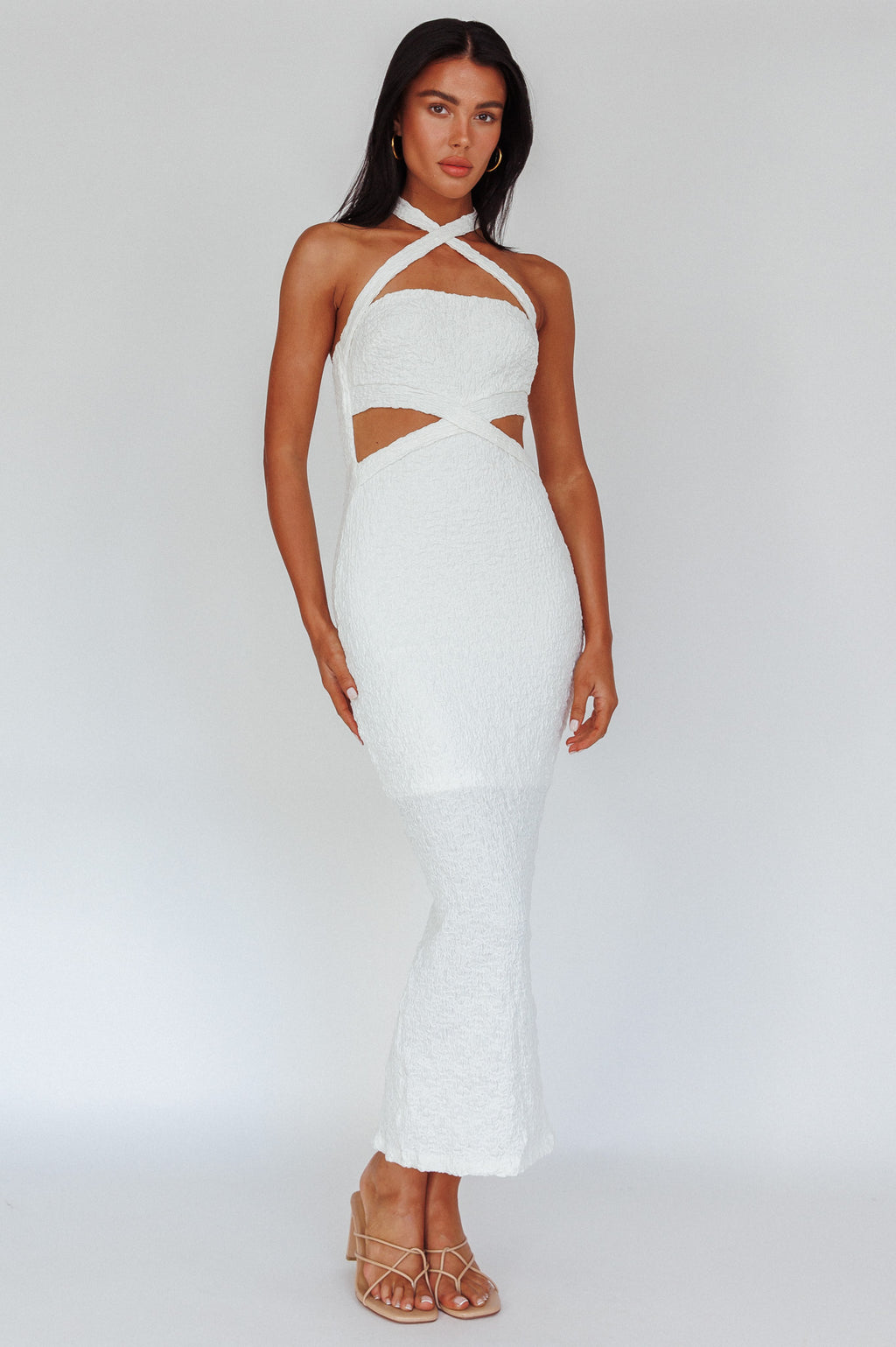 Zadriana Halterneck Textured Midi Dress White by Selfie Leslie Australia