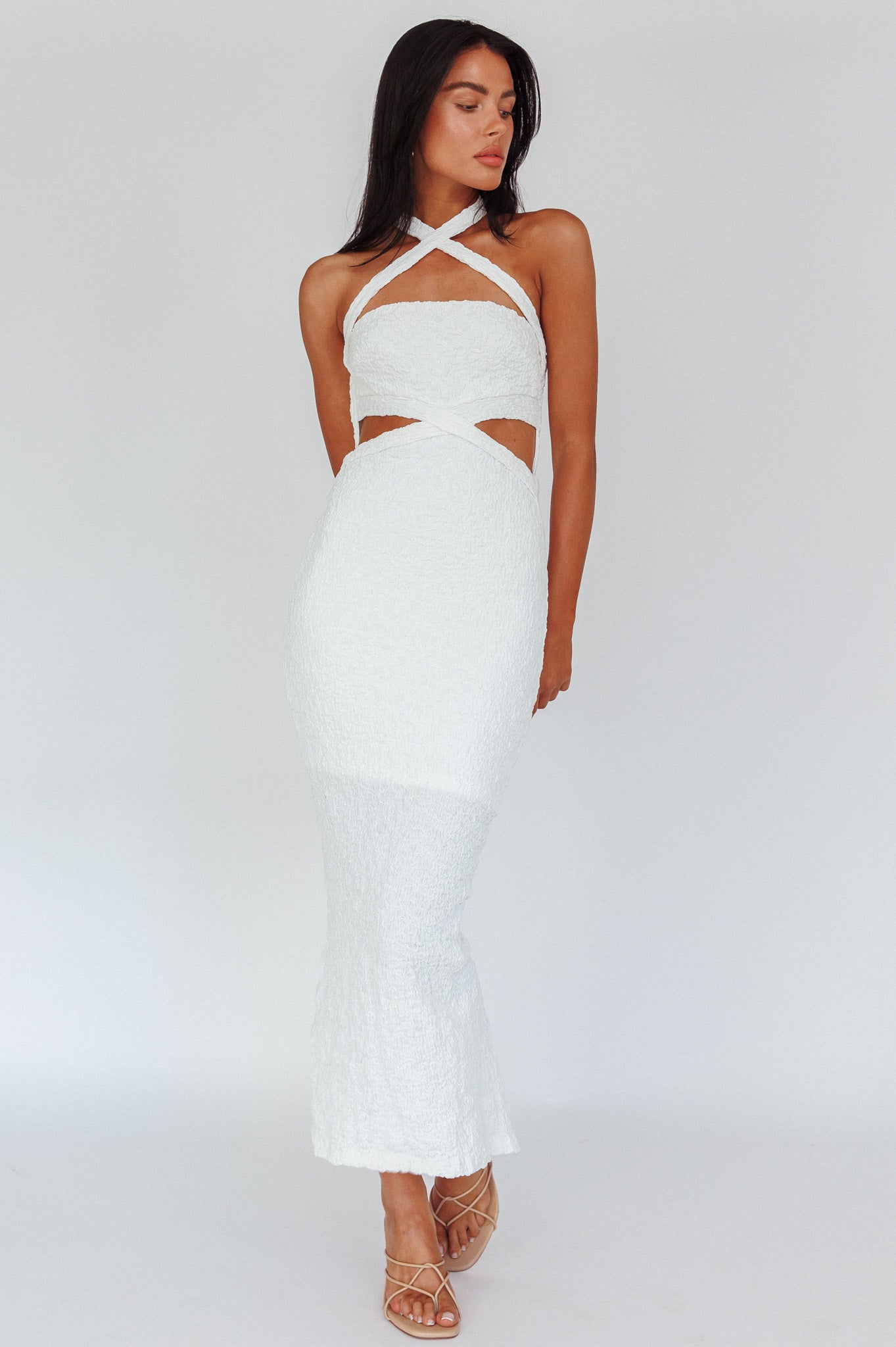 Zadriana Halterneck Textured Midi Dress White by Selfie Leslie Australia