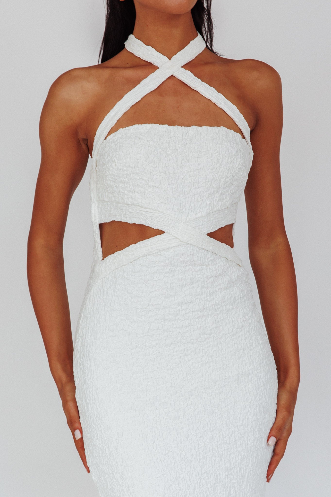 Zadriana Halterneck Textured Midi Dress White by Selfie Leslie Australia