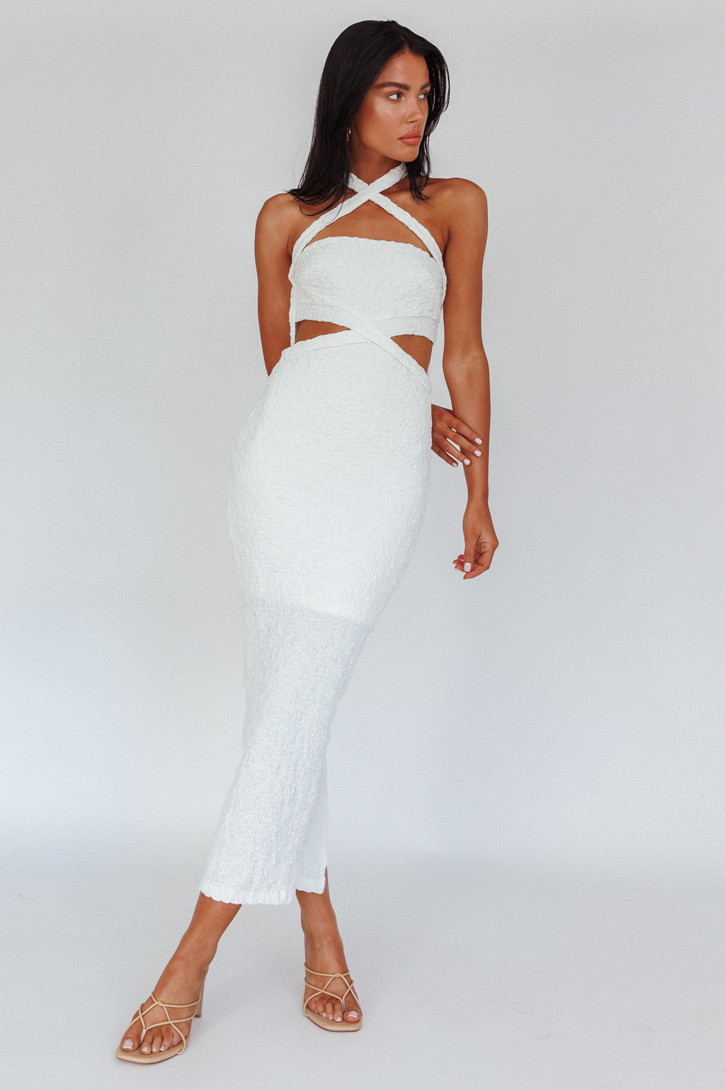 Zadriana Halterneck Textured Midi Dress White by Selfie Leslie Australia