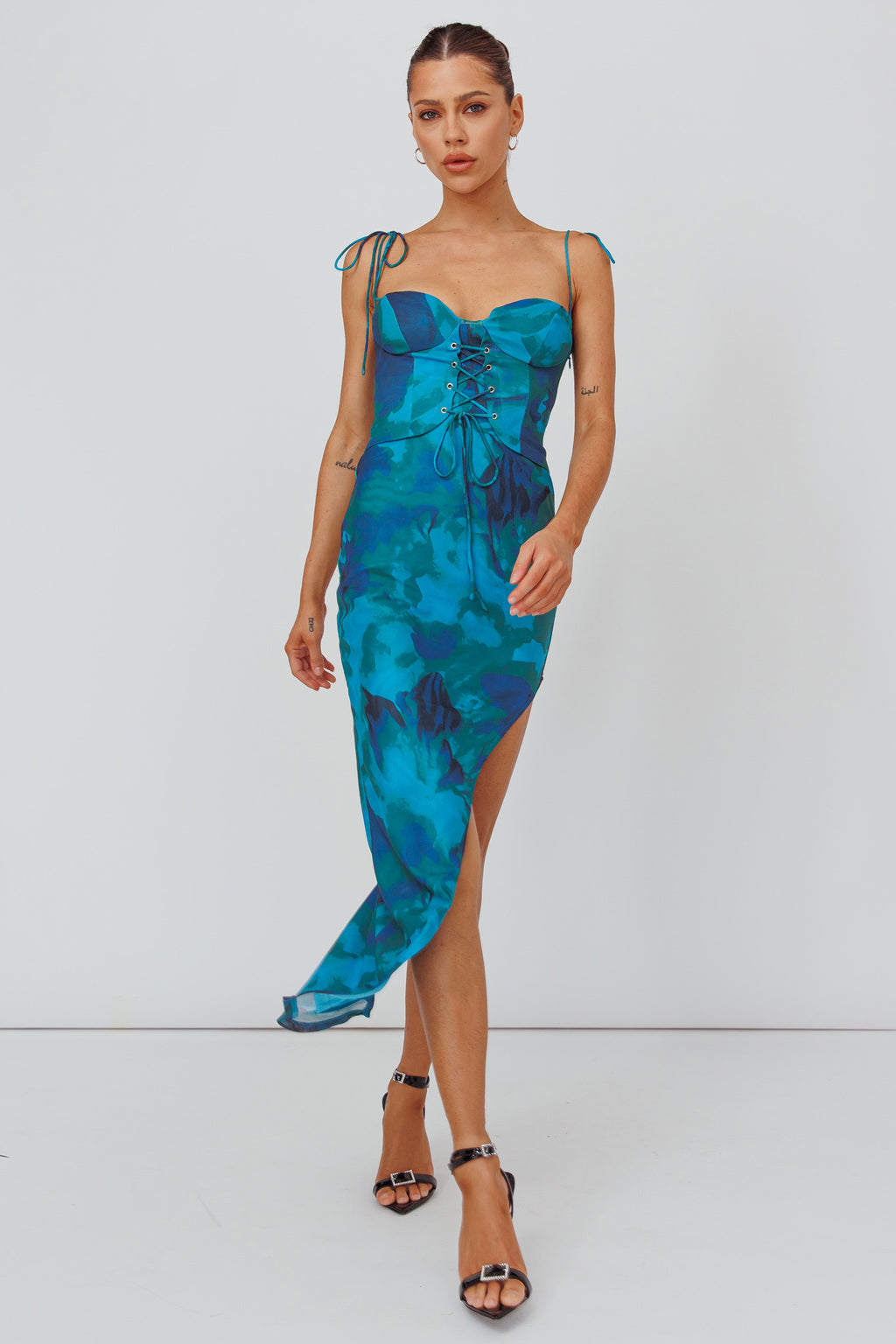 Gabrielle Laced Bodice Midi Dress Floral Green by Selfie Leslie Australia