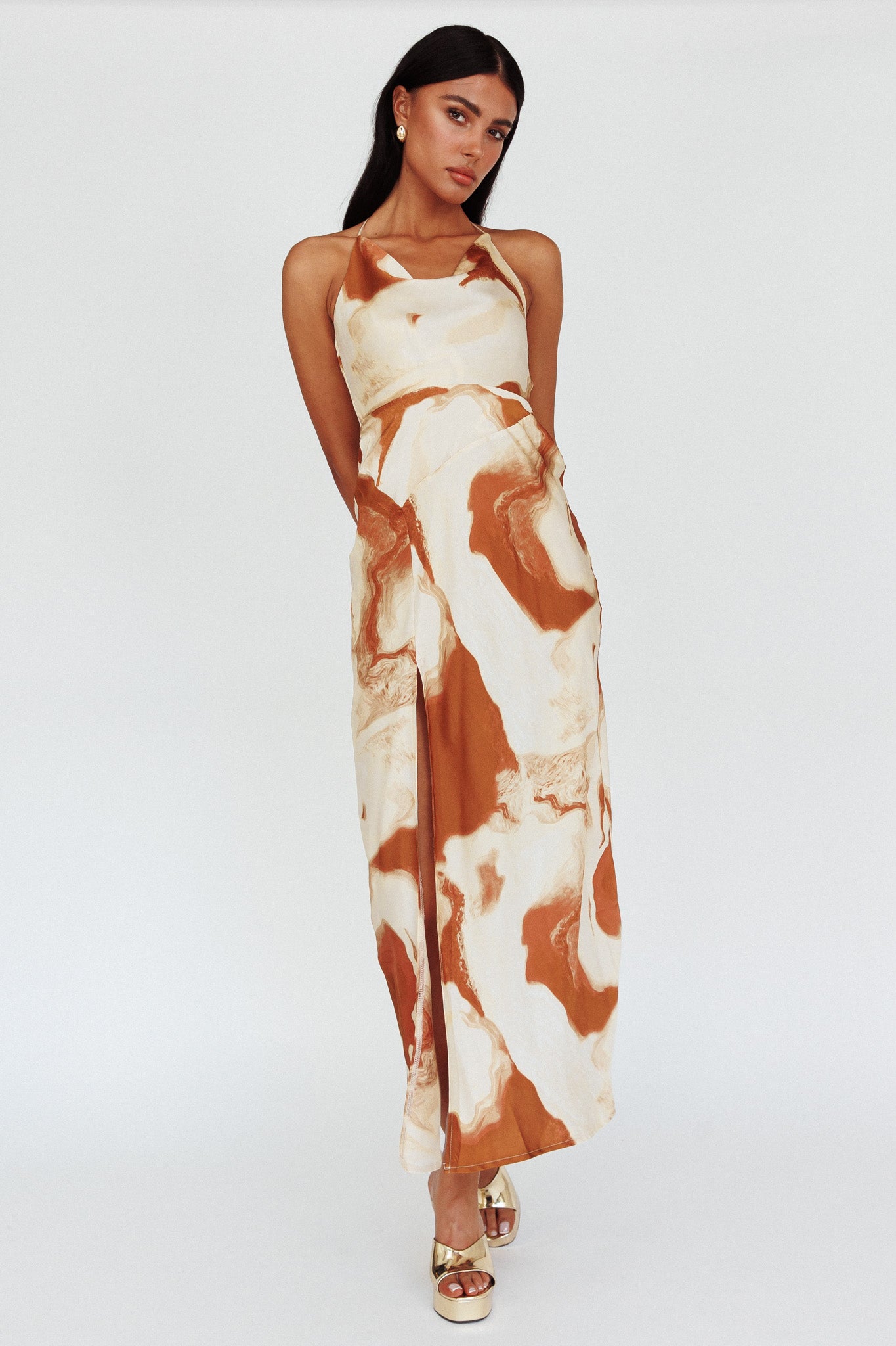 Marcello Cowl Halterneck Midi Dress Marble Brown by Selfie Leslie Australia
