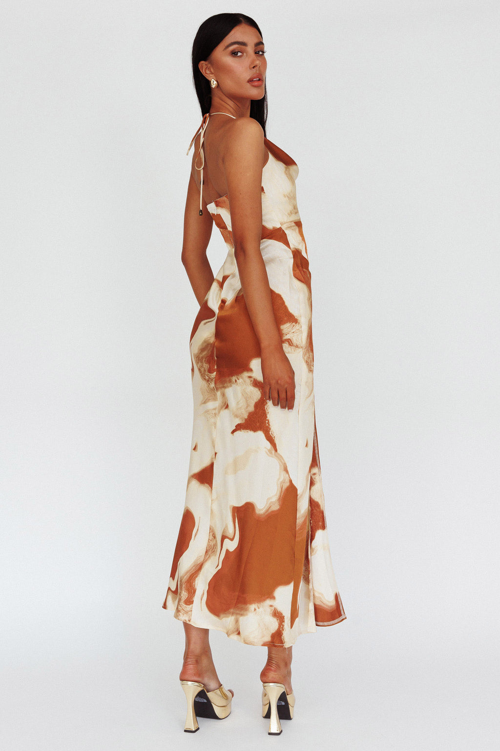 Marcello Cowl Halterneck Midi Dress Marble Brown by Selfie Leslie Australia