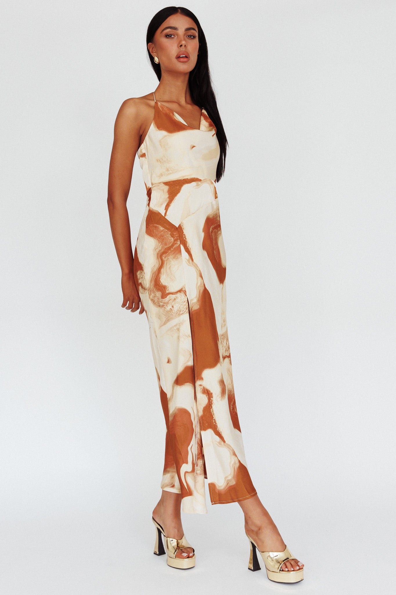 Marcello Cowl Halterneck Midi Dress Marble Brown by Selfie Leslie Australia