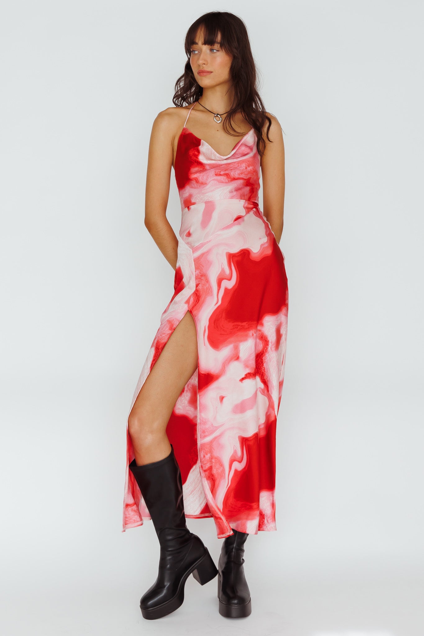 Marcello Cowl Halterneck Midi Dress Marble Red by Selfie Leslie Australia