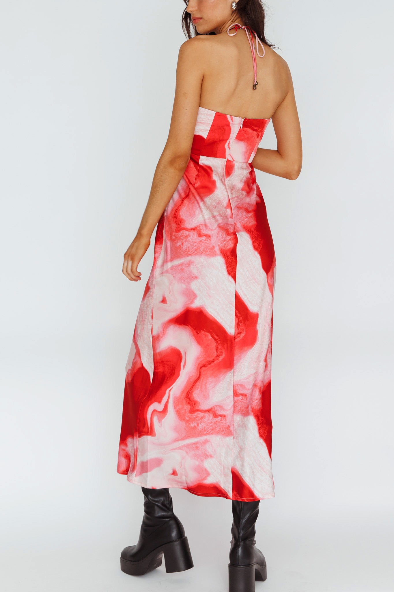Marcello Cowl Halterneck Midi Dress Marble Red by Selfie Leslie Australia