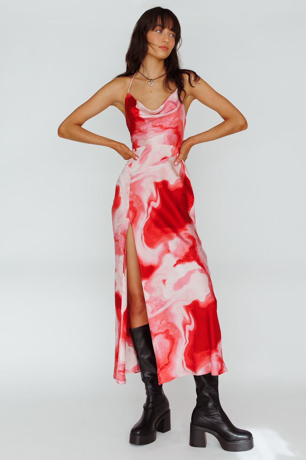 Marcello Cowl Halterneck Midi Dress Marble Red by Selfie Leslie Australia