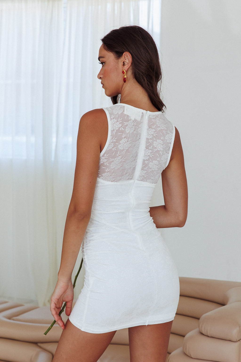 Agyness Lace Mini Dress Off White by Selfie Leslie Australia