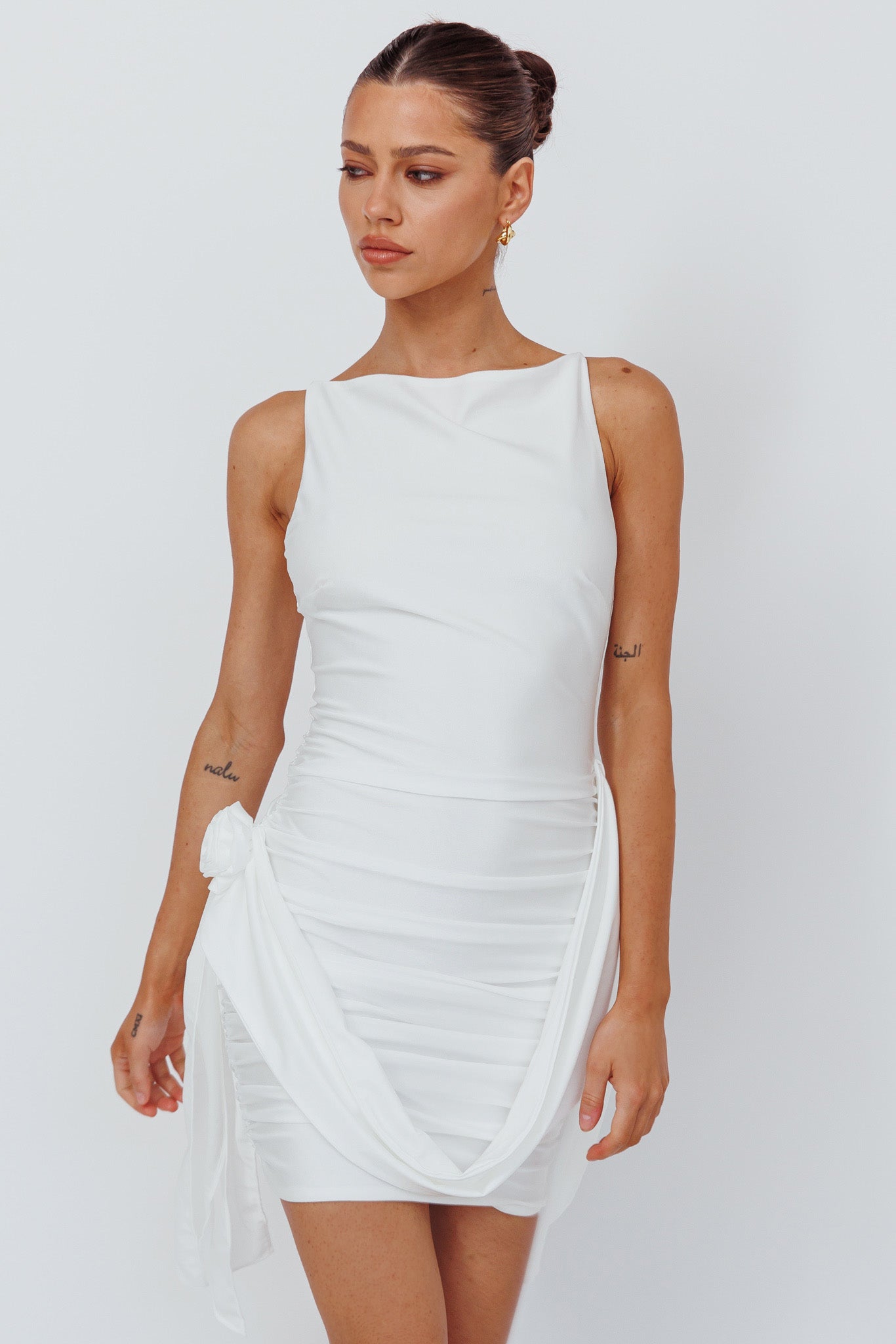 Agyness Rose Sash Feature Mini Dress White by Selfie Leslie Australia