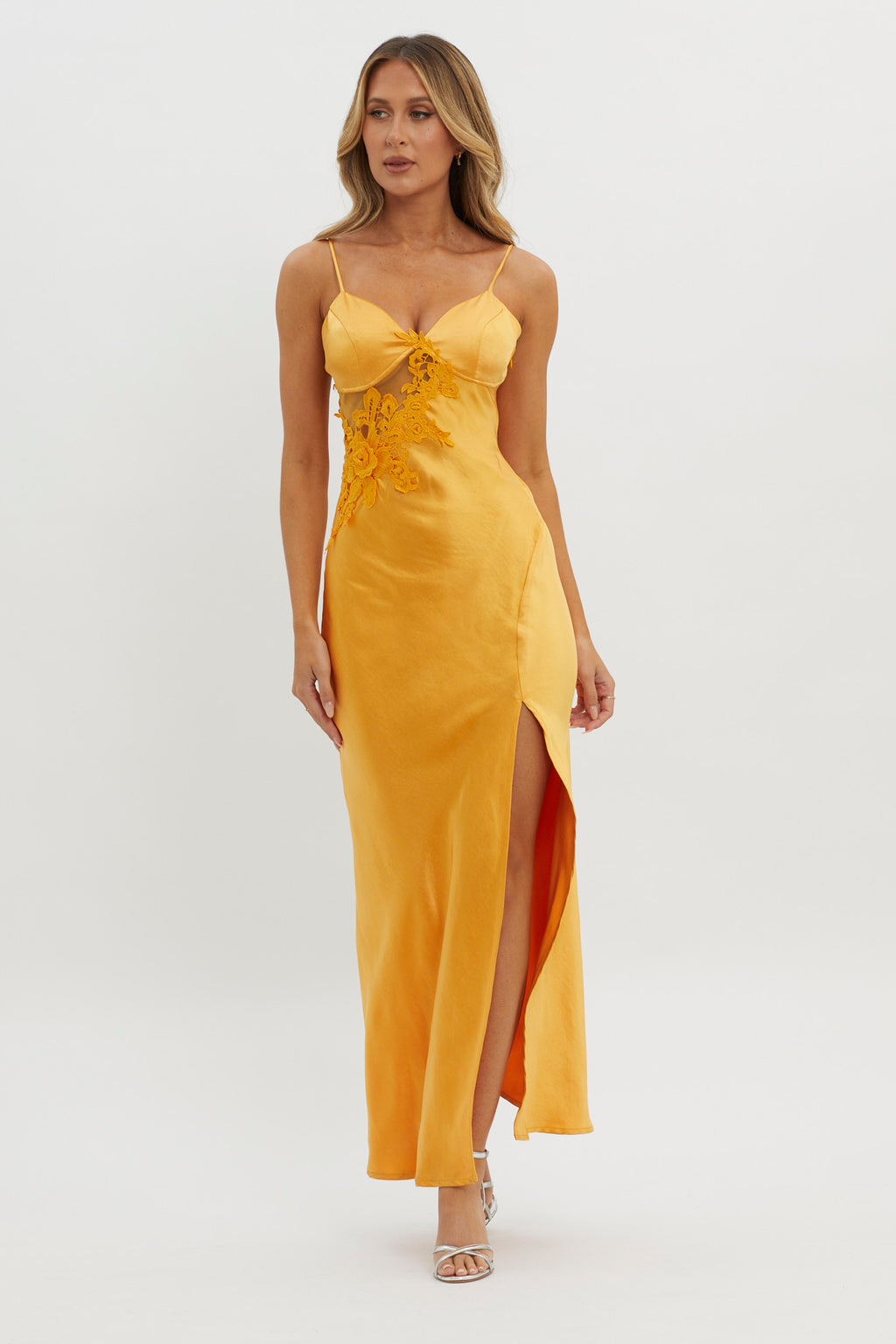 Roxana Applique Trim Split Maxi Dress Orange by Selfie Leslie Australia