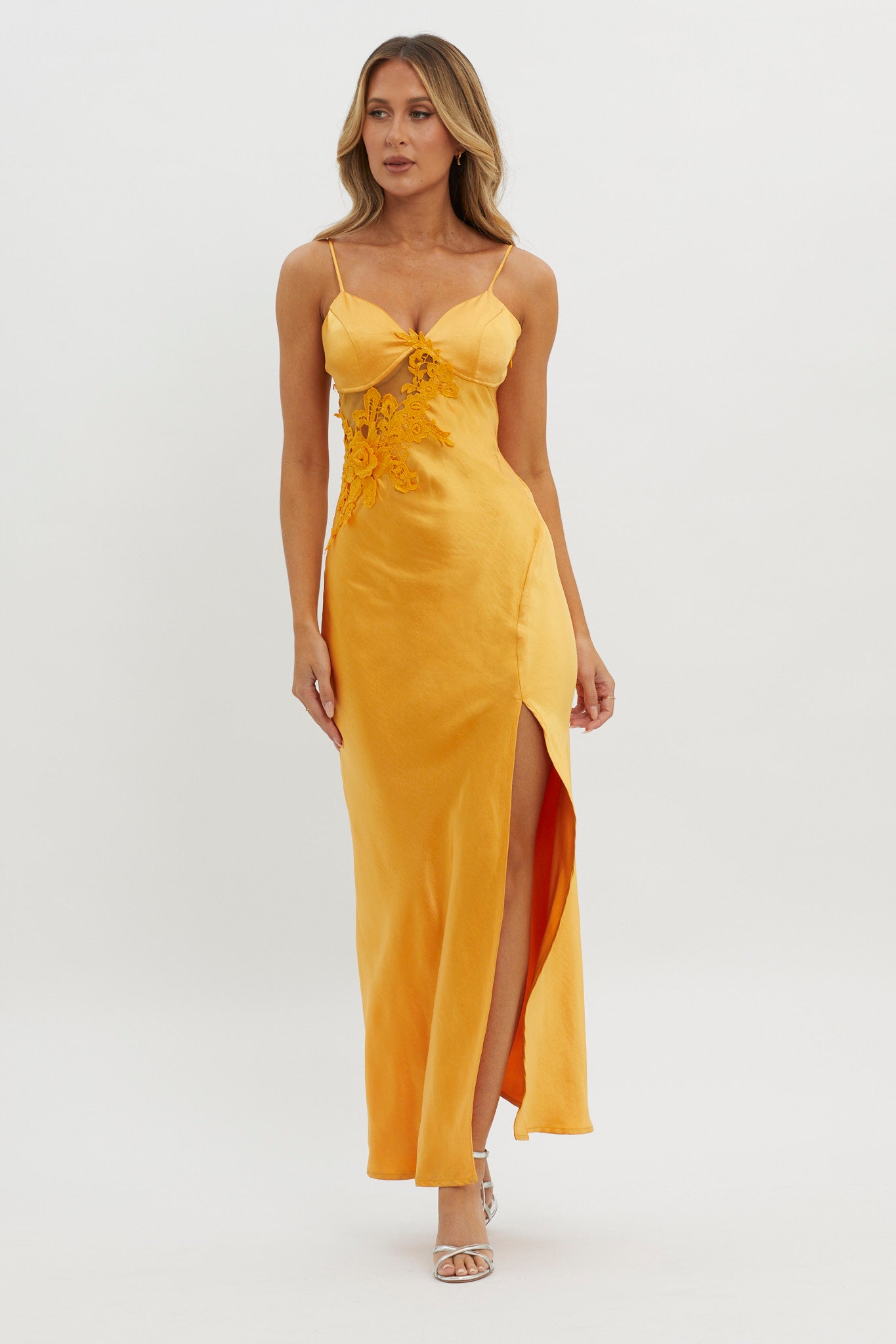 Roxana Applique Trim Split Maxi Dress Orange by Selfie Leslie Australia
