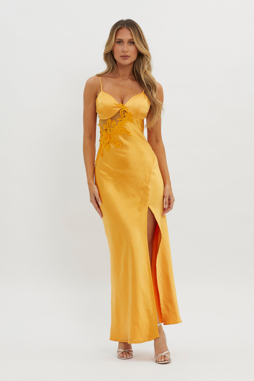 Roxana Applique Trim Split Maxi Dress Orange by Selfie Leslie Australia