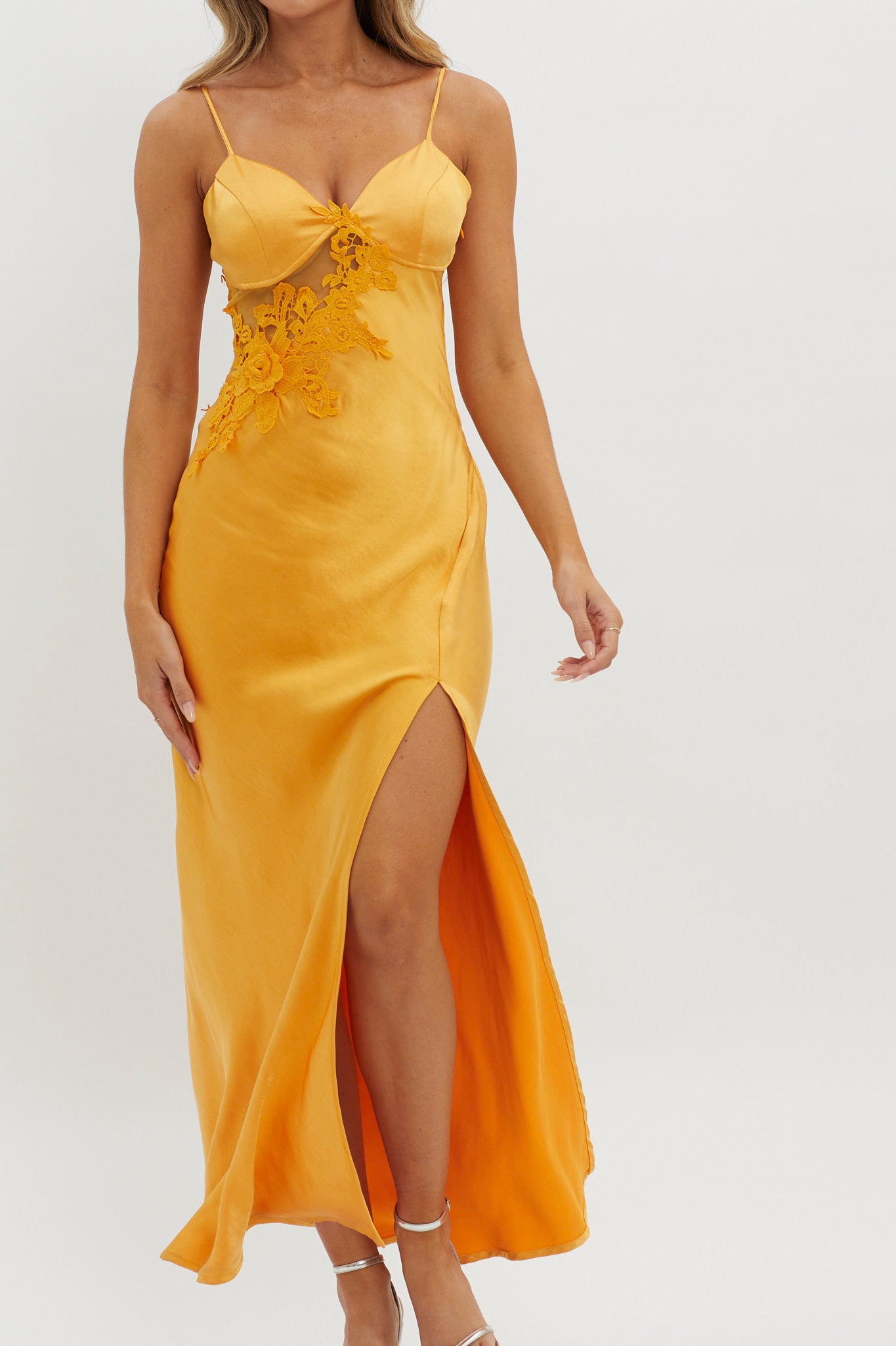 Roxana Applique Trim Split Maxi Dress Orange by Selfie Leslie Australia