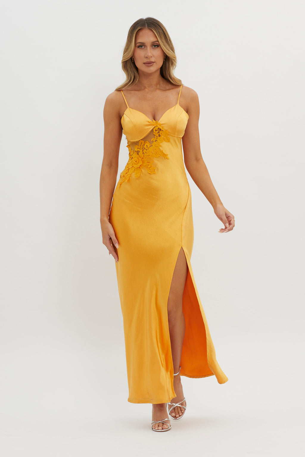 Roxana Applique Trim Split Maxi Dress Orange by Selfie Leslie Australia