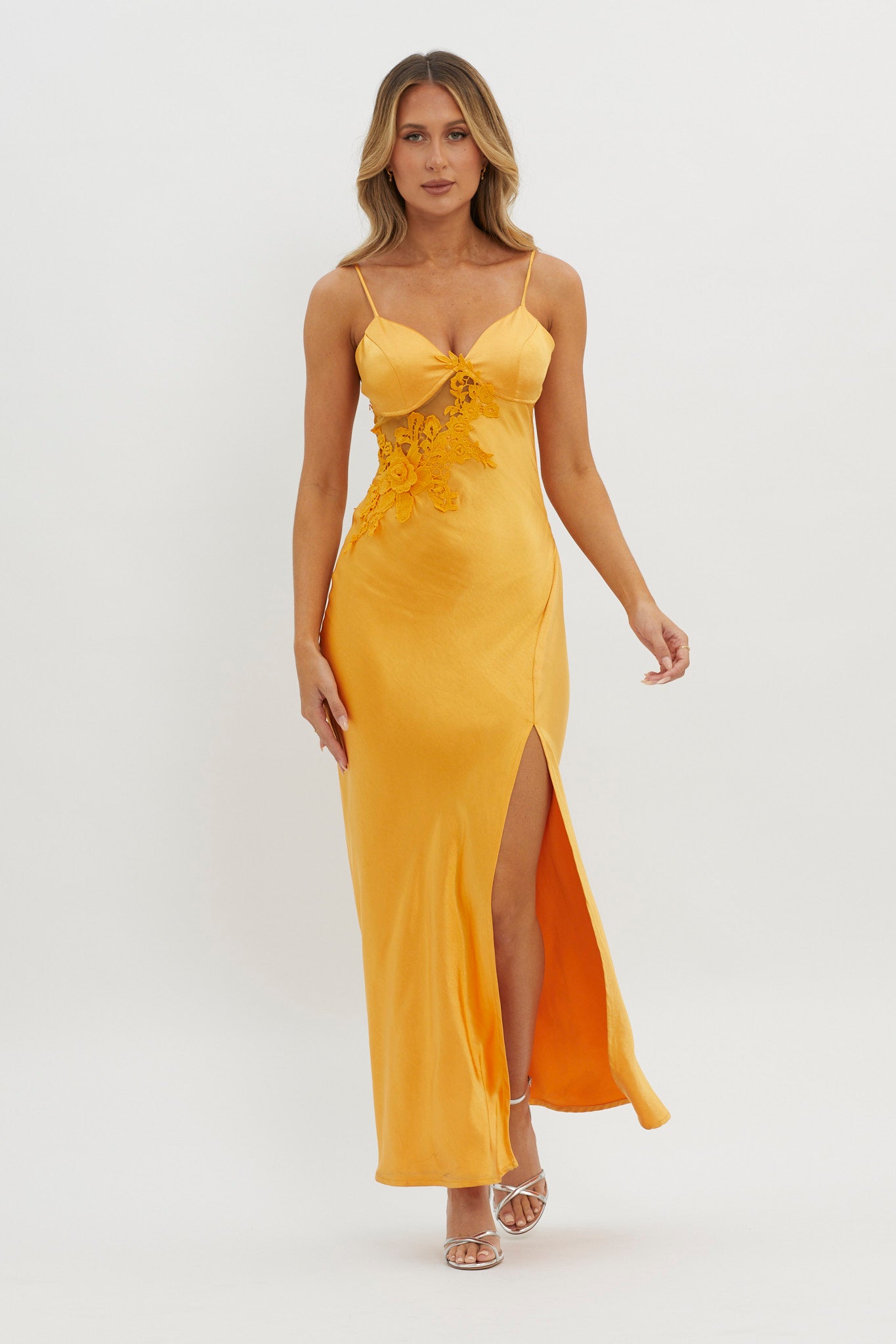 Roxana Applique Trim Split Maxi Dress Orange by Selfie Leslie Australia