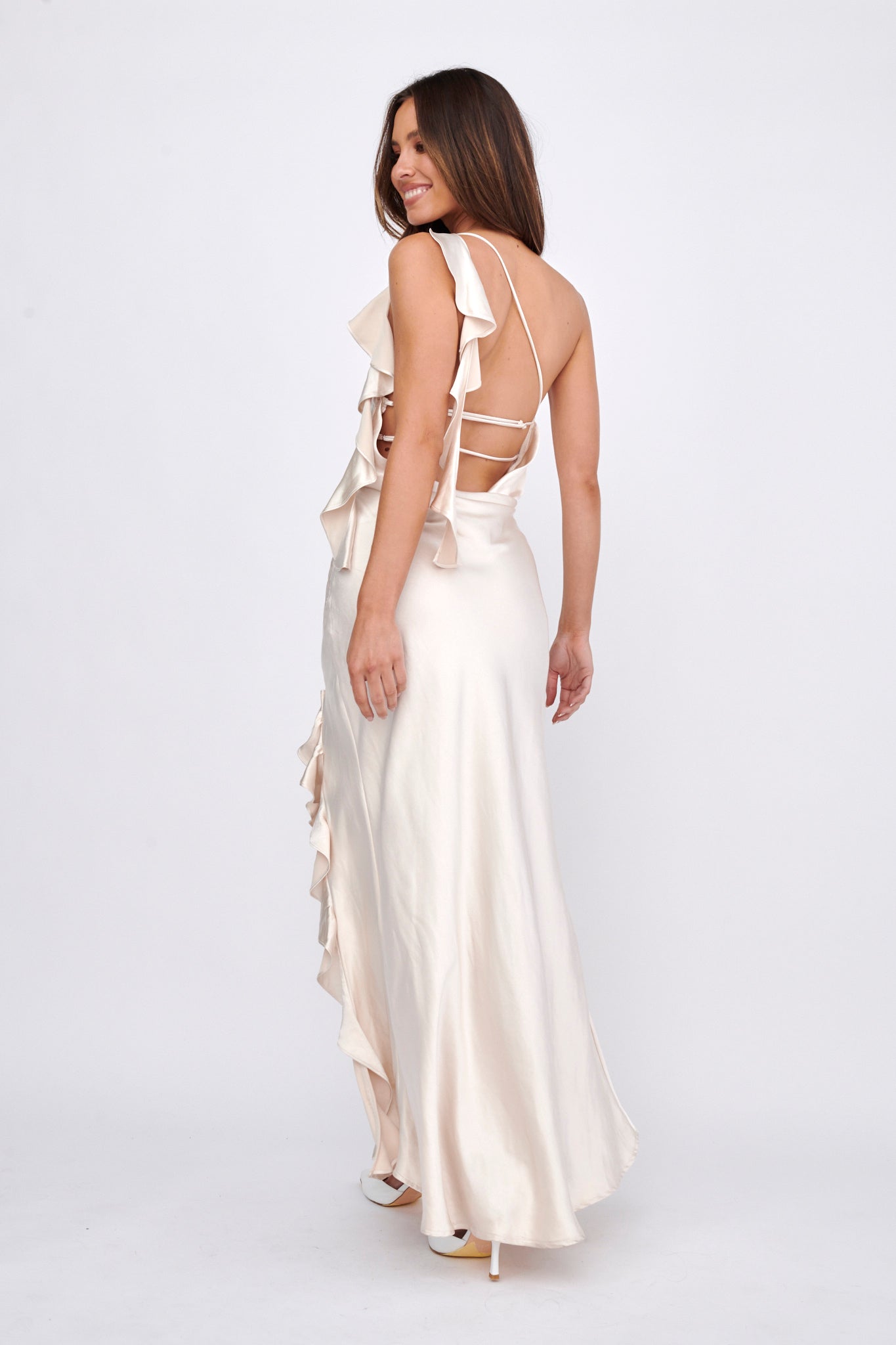 Jayda One Shoulder Ruffle Trim Maxi Dress Champagne by Selfie Leslie Australia