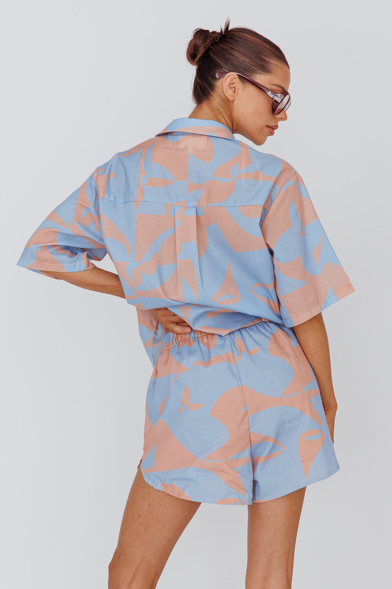 On Vacay Elastic Waist Shorts Print Blue by Selfie Leslie Australia