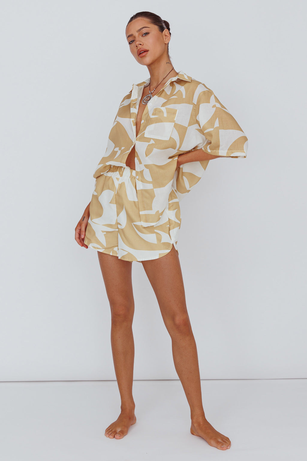 On Vacay Elastic Waist Shorts Print Yellow by Selfie Leslie Australia