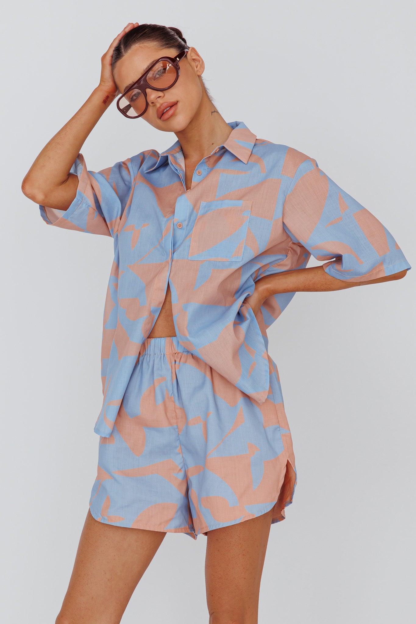 On Vacay Button-Up Shirt Print Blue by Selfie Leslie Australia