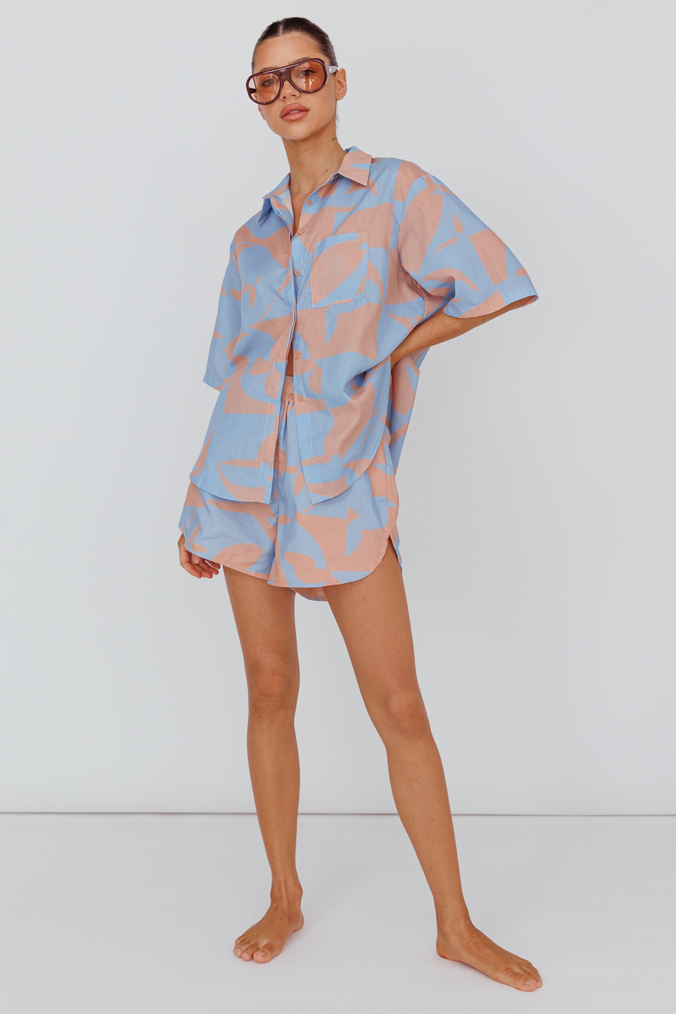 On Vacay Button-Up Shirt Print Blue by Selfie Leslie Australia