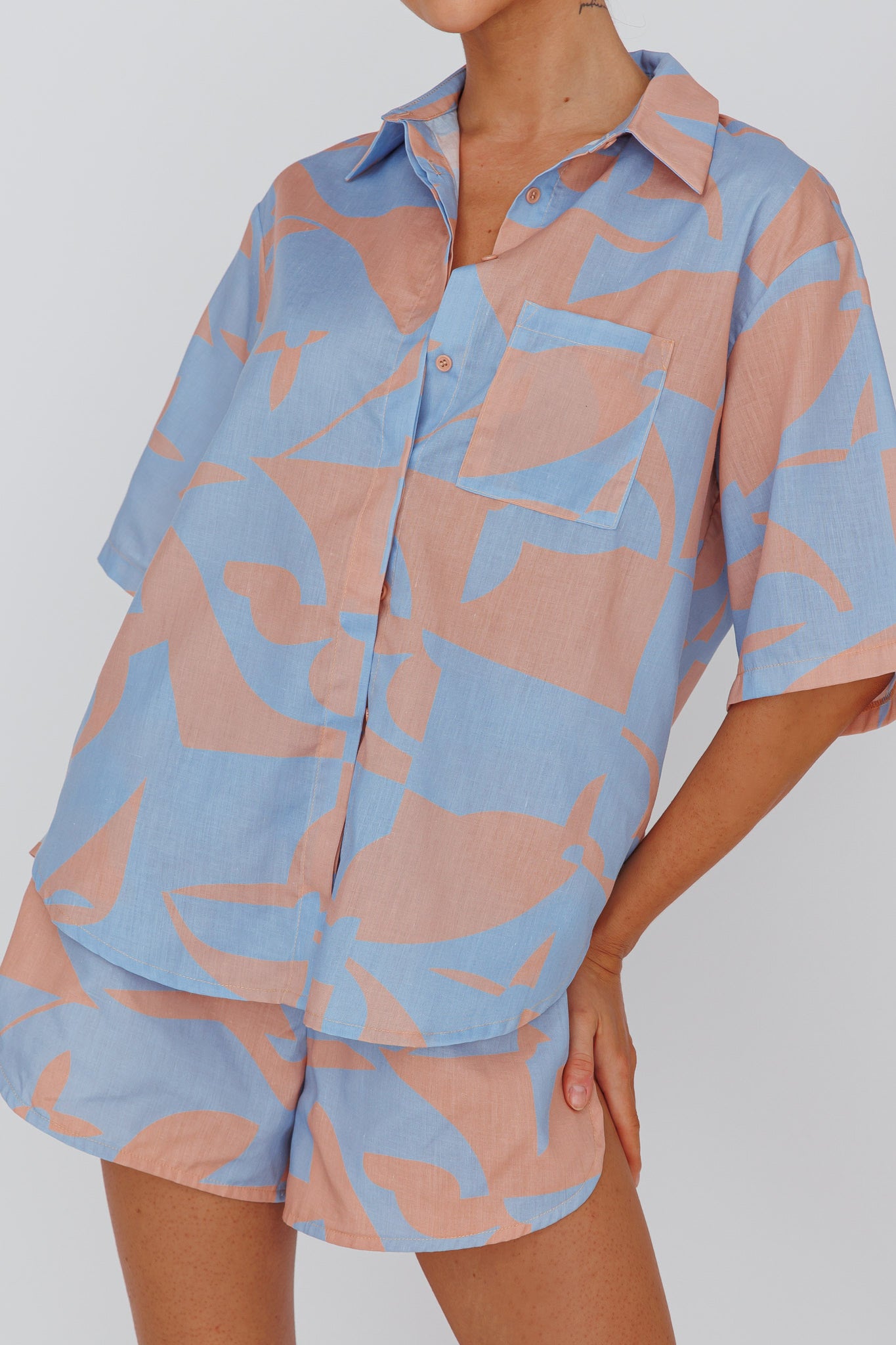 On Vacay Button-Up Shirt Print Blue by Selfie Leslie Australia