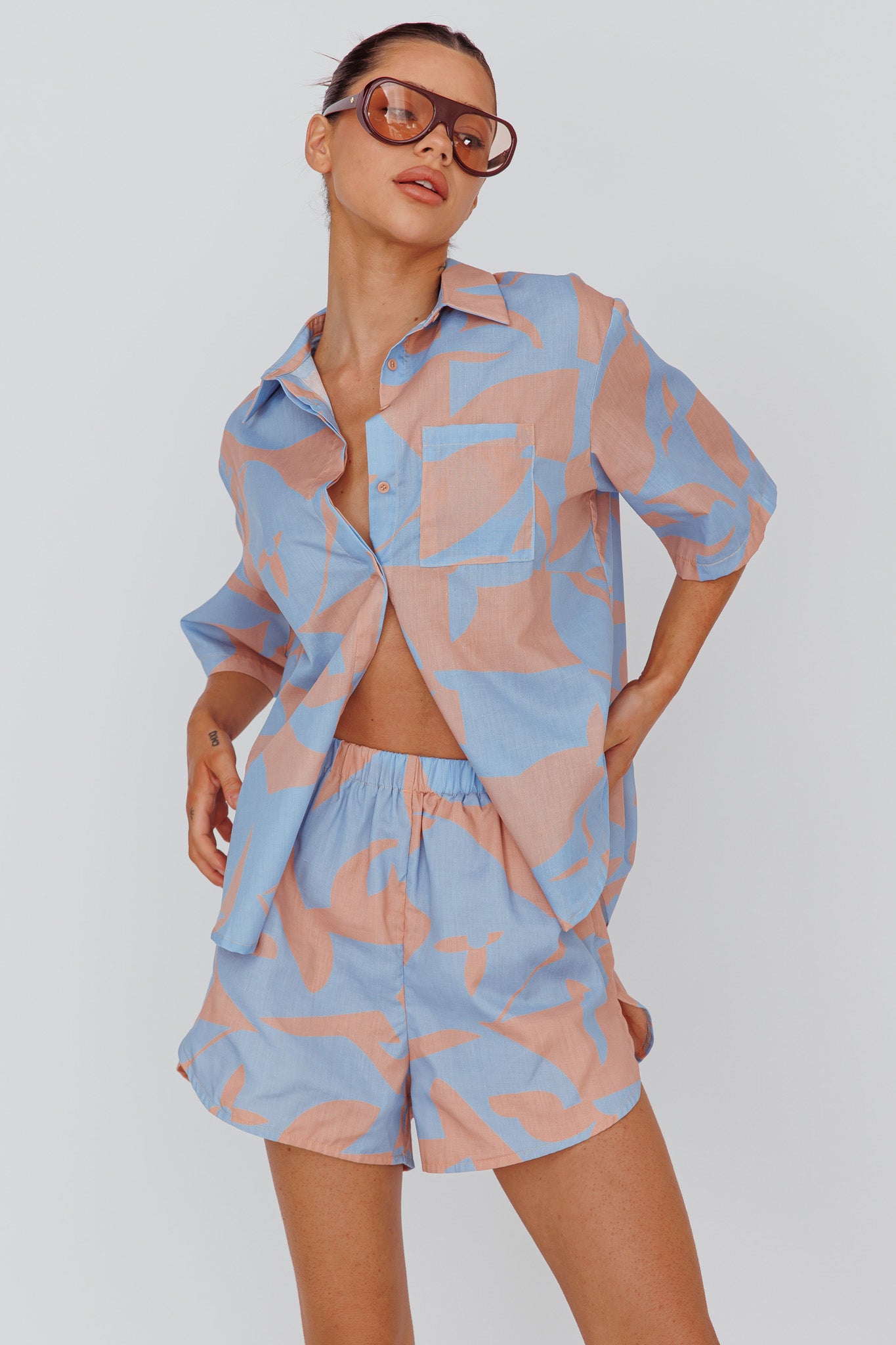 On Vacay Button-Up Shirt Print Blue by Selfie Leslie Australia