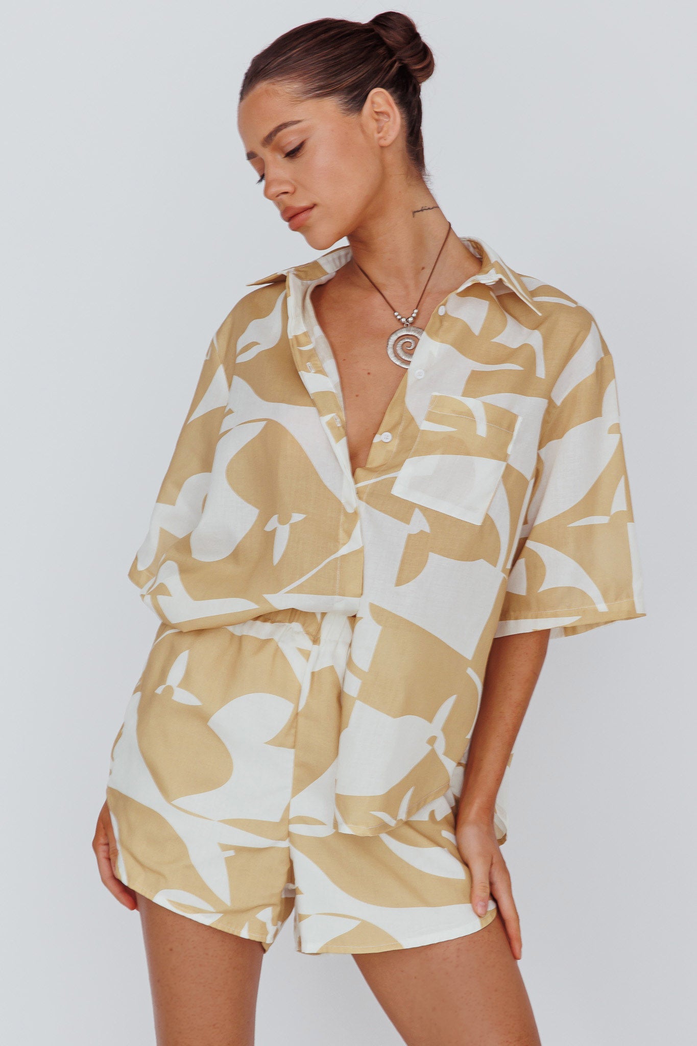 On Vacay Button-Up Shirt Print Yellow by Selfie Leslie Australia