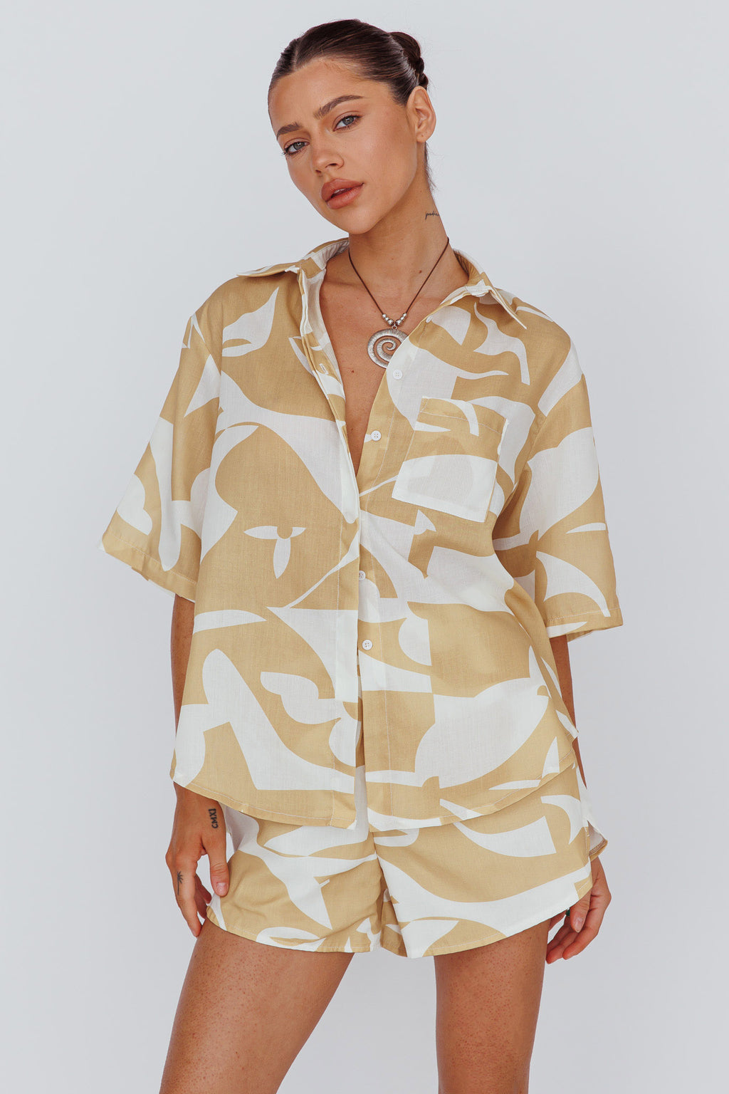 On Vacay Button-Up Shirt Print Yellow by Selfie Leslie Australia