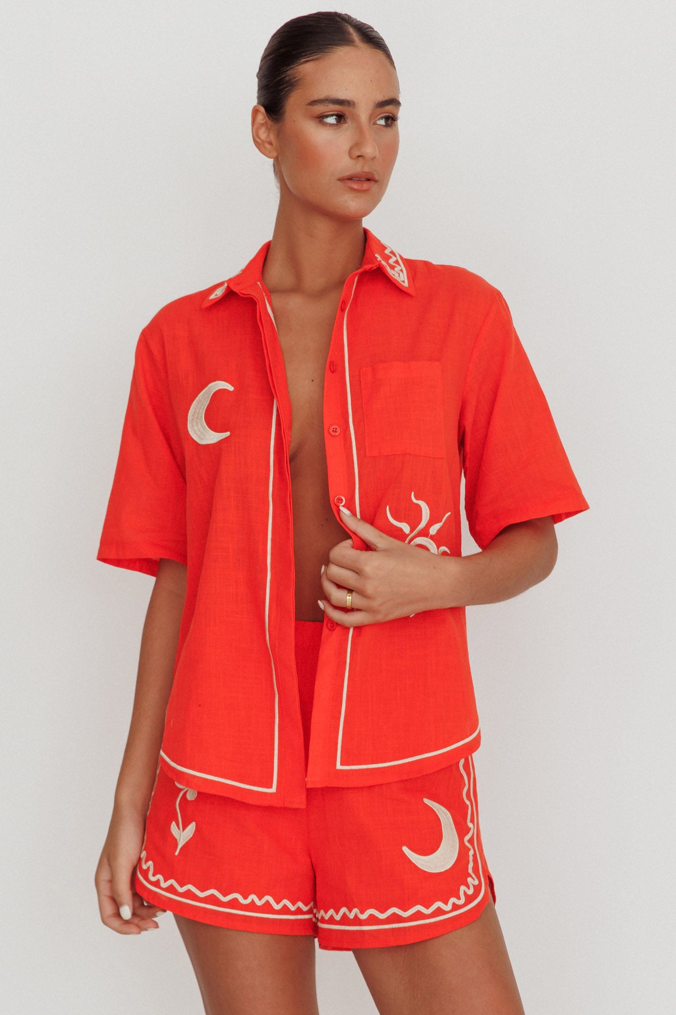 On Vacay Embroidered Button-Up Shirt Orange by Selfie Leslie Australia