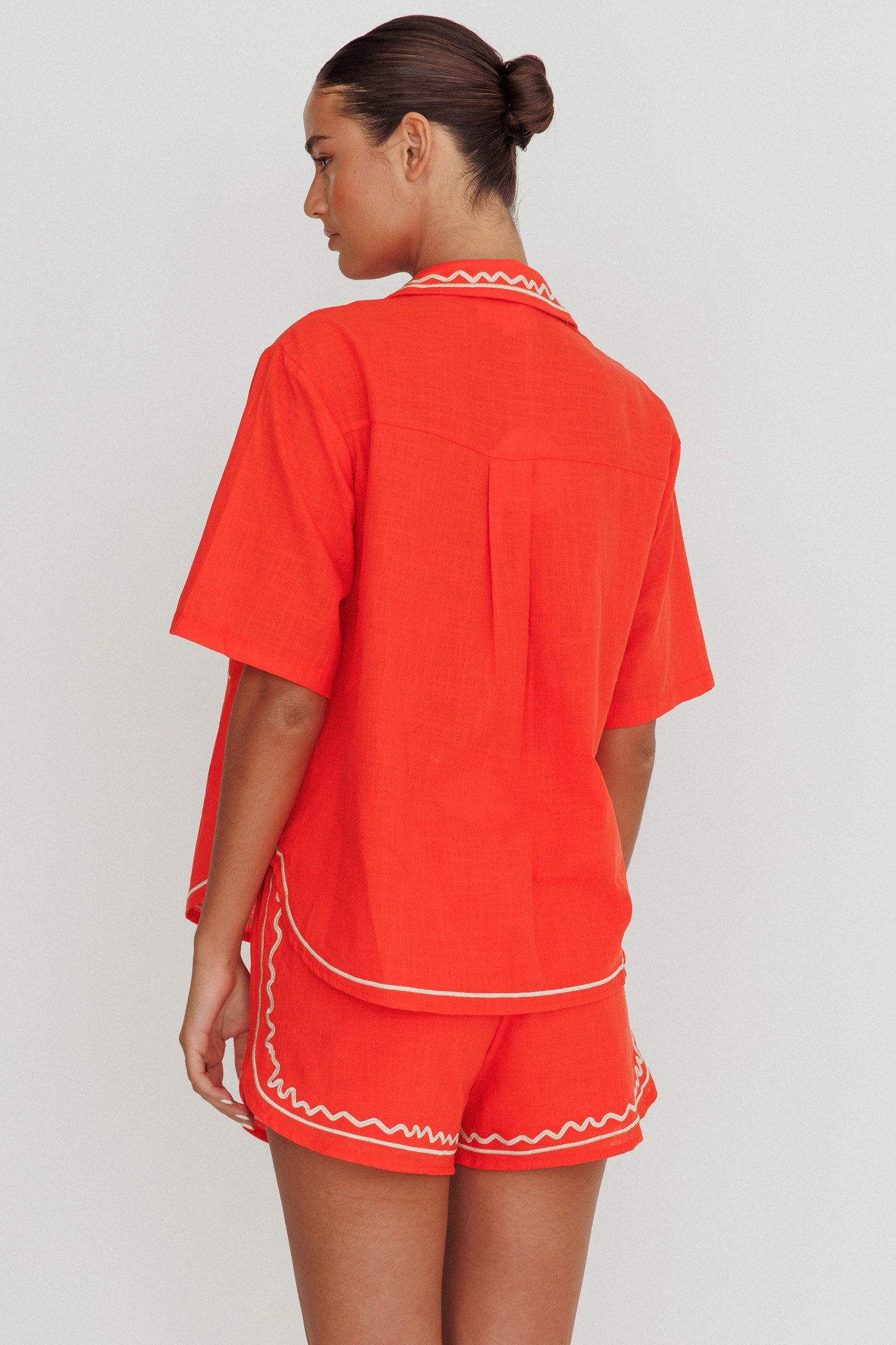 On Vacay Embroidered Button-Up Shirt Orange by Selfie Leslie Australia