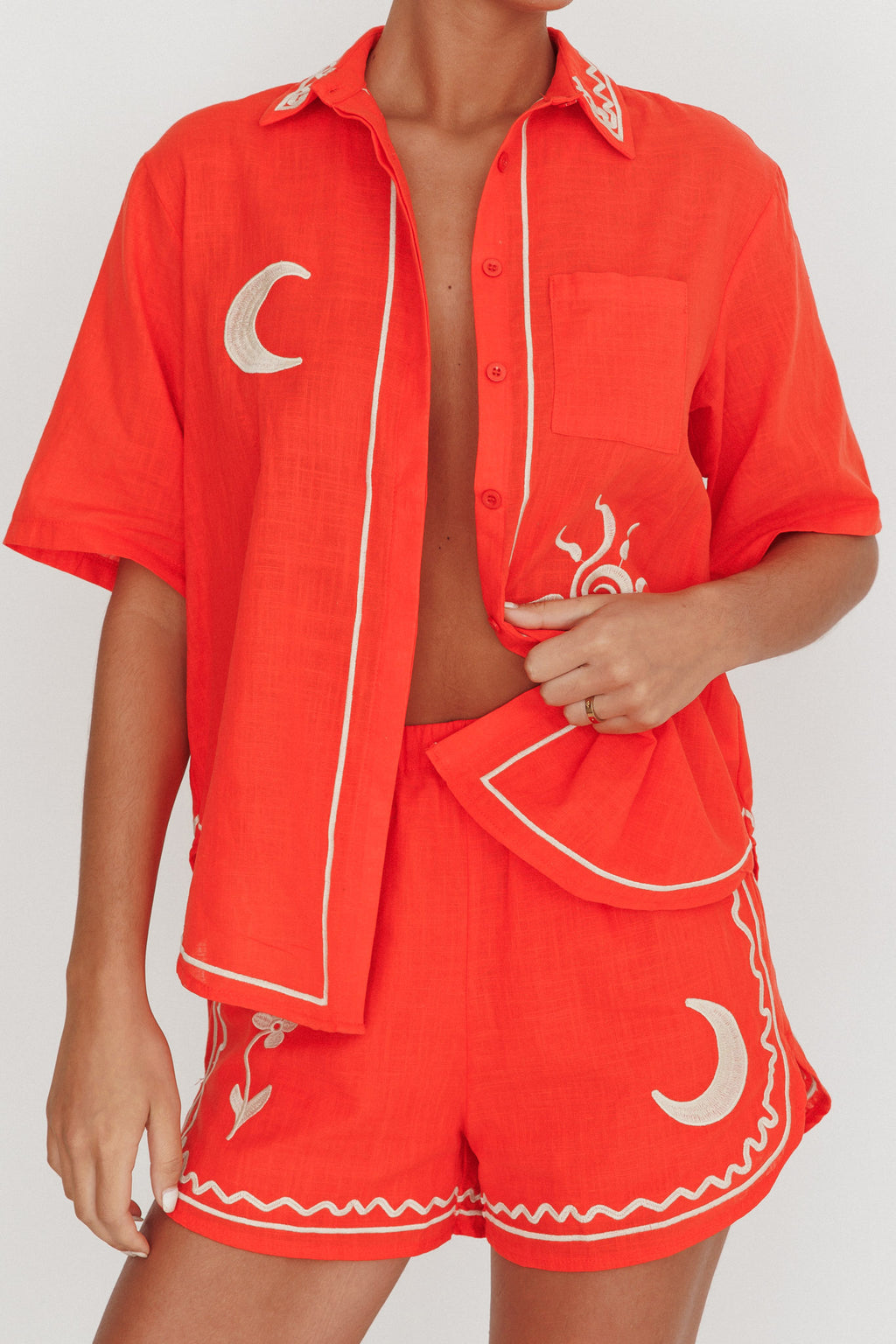 On Vacay Embroidered Button-Up Shirt Orange by Selfie Leslie Australia