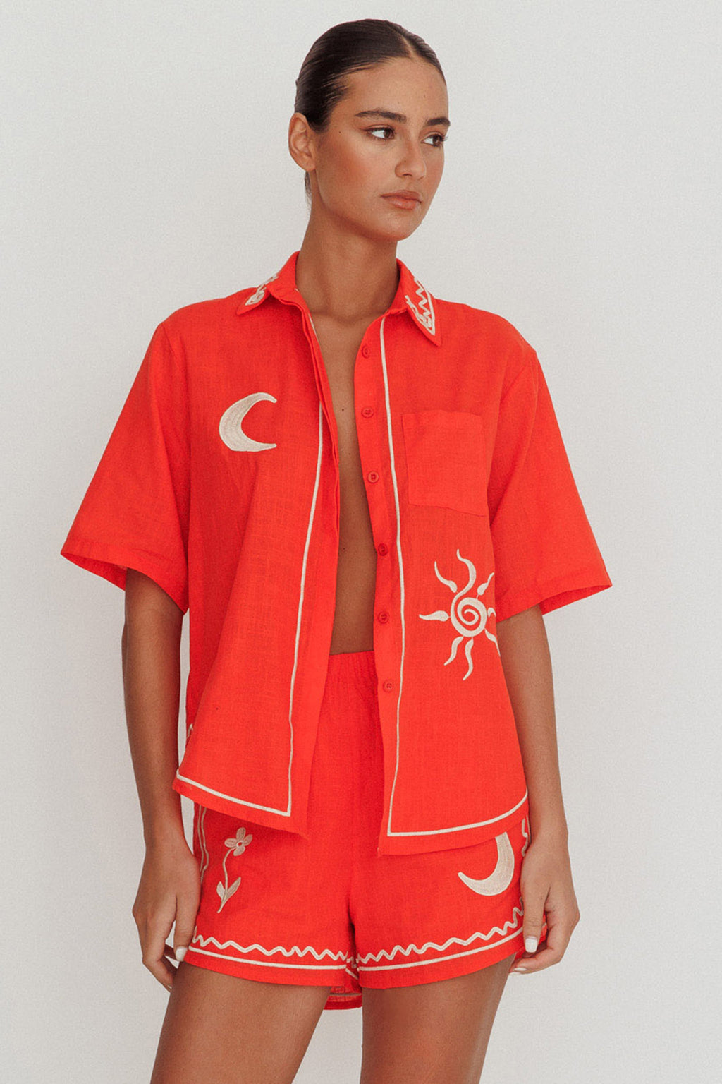 On Vacay Embroidered Button-Up Shirt Orange by Selfie Leslie Australia