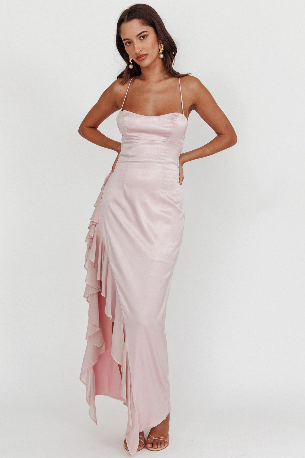 Katarina Satin Ruffle Hem Maxi Dress by Selfie Leslie Australia
